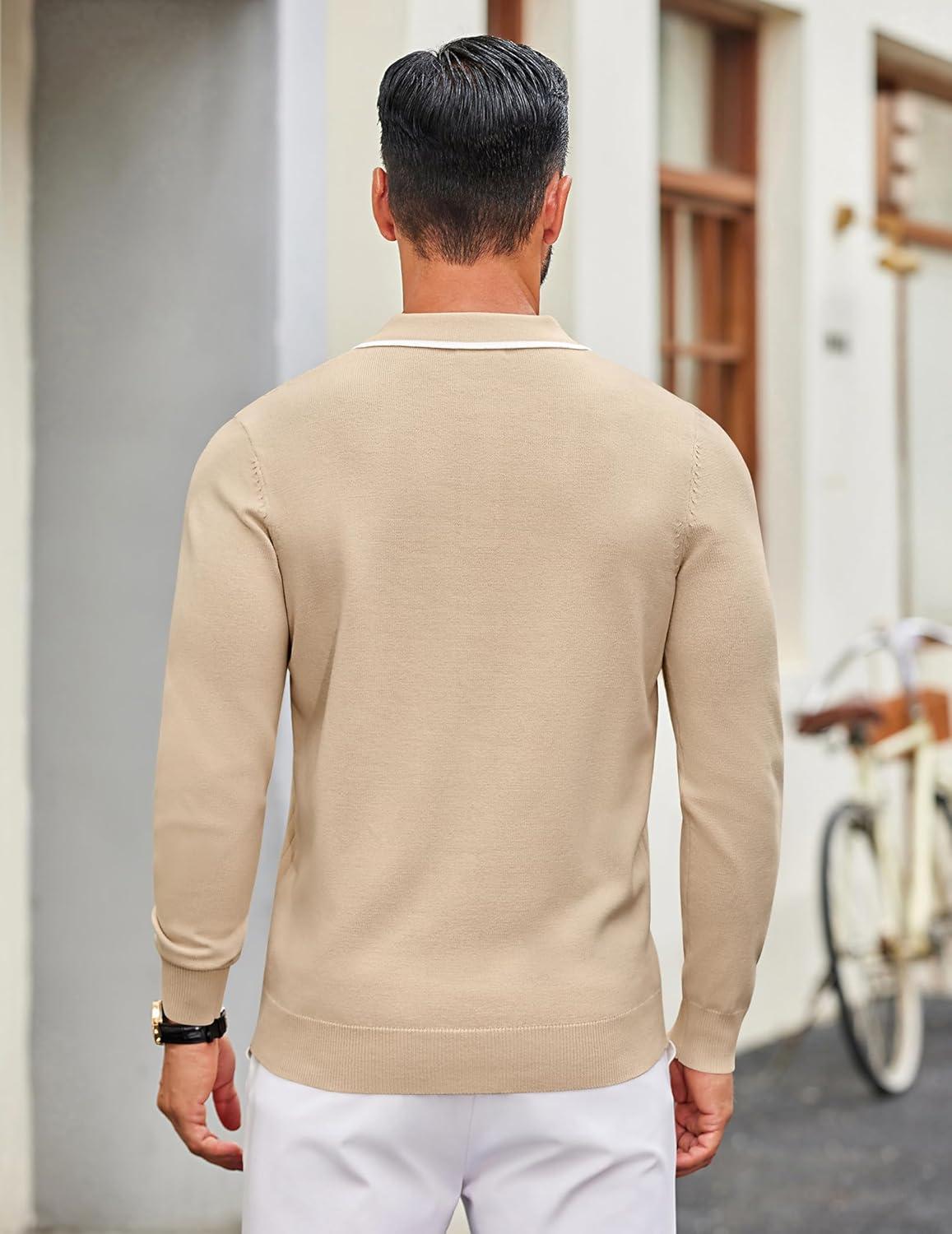 imageCOOFANDY Mens Knit Polo Sweater Casual Long Sleeve Polo Sweater Lightweight Button Down Golf Pullover SweatersLight Brown