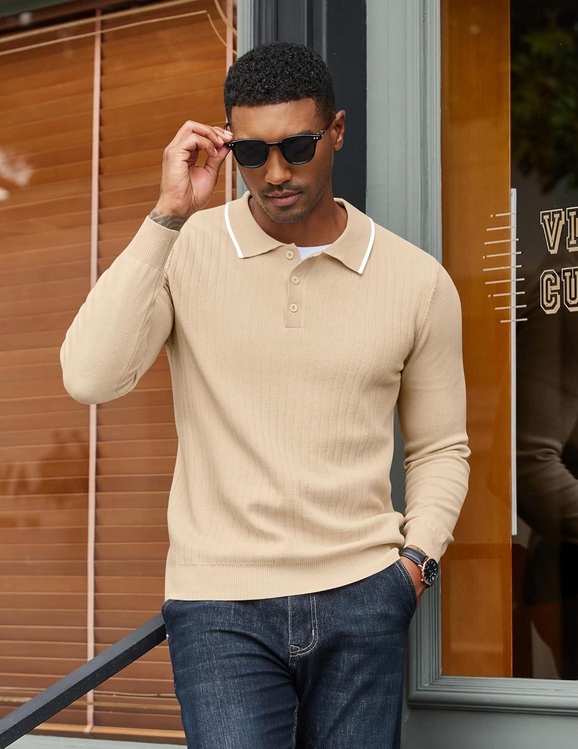 imageCOOFANDY Mens Knit Polo Sweater Casual Long Sleeve Polo Sweater Lightweight Button Down Golf Pullover SweatersLight Brown