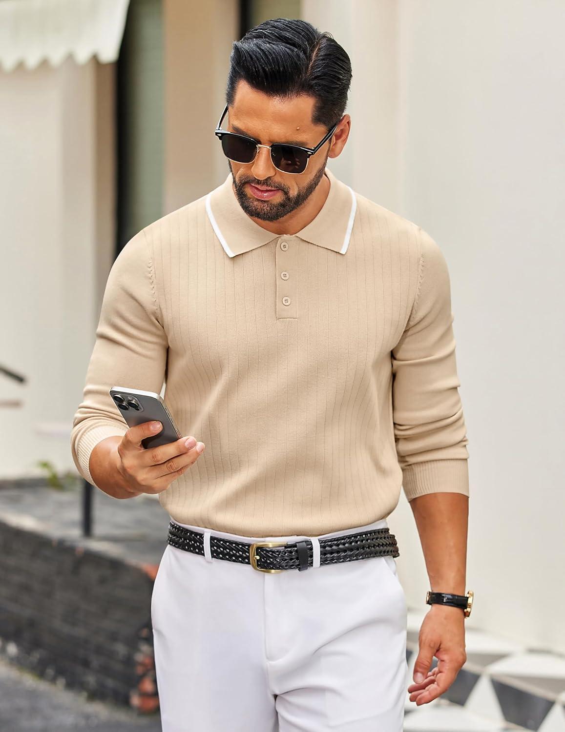 imageCOOFANDY Mens Knit Polo Sweater Casual Long Sleeve Polo Sweater Lightweight Button Down Golf Pullover SweatersLight Brown