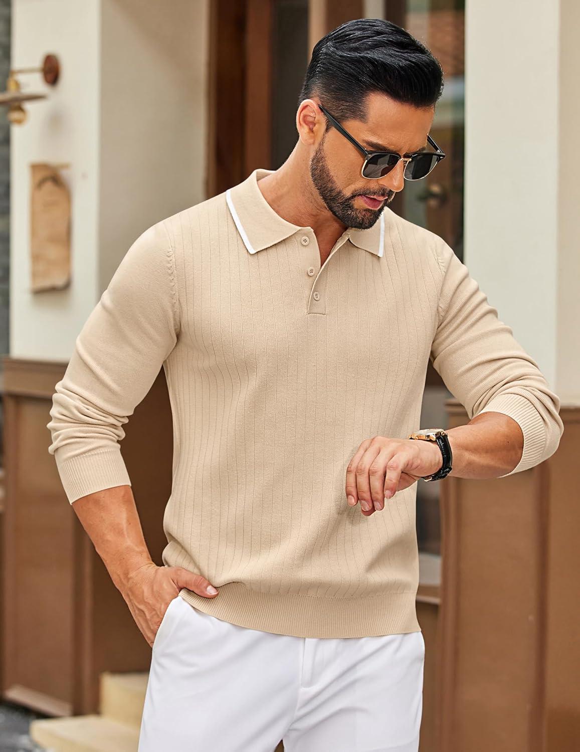 imageCOOFANDY Mens Knit Polo Sweater Casual Long Sleeve Polo Sweater Lightweight Button Down Golf Pullover SweatersLight Brown