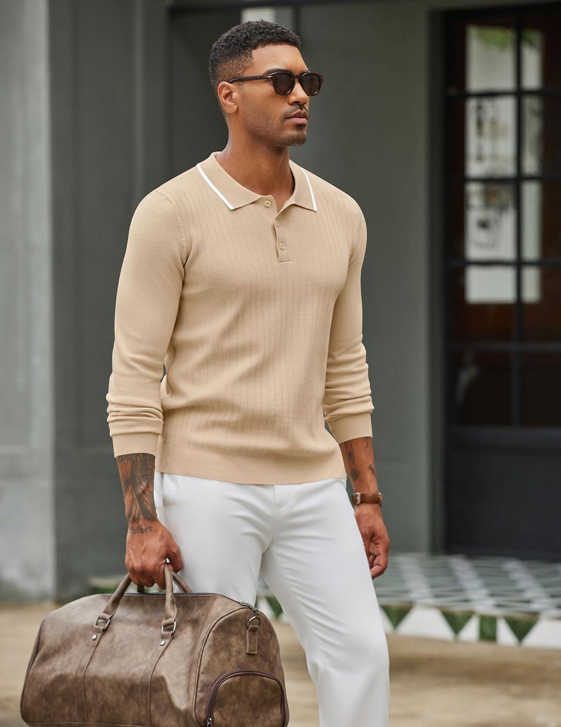 imageCOOFANDY Mens Knit Polo Sweater Casual Long Sleeve Polo Sweater Lightweight Button Down Golf Pullover SweatersLight Brown