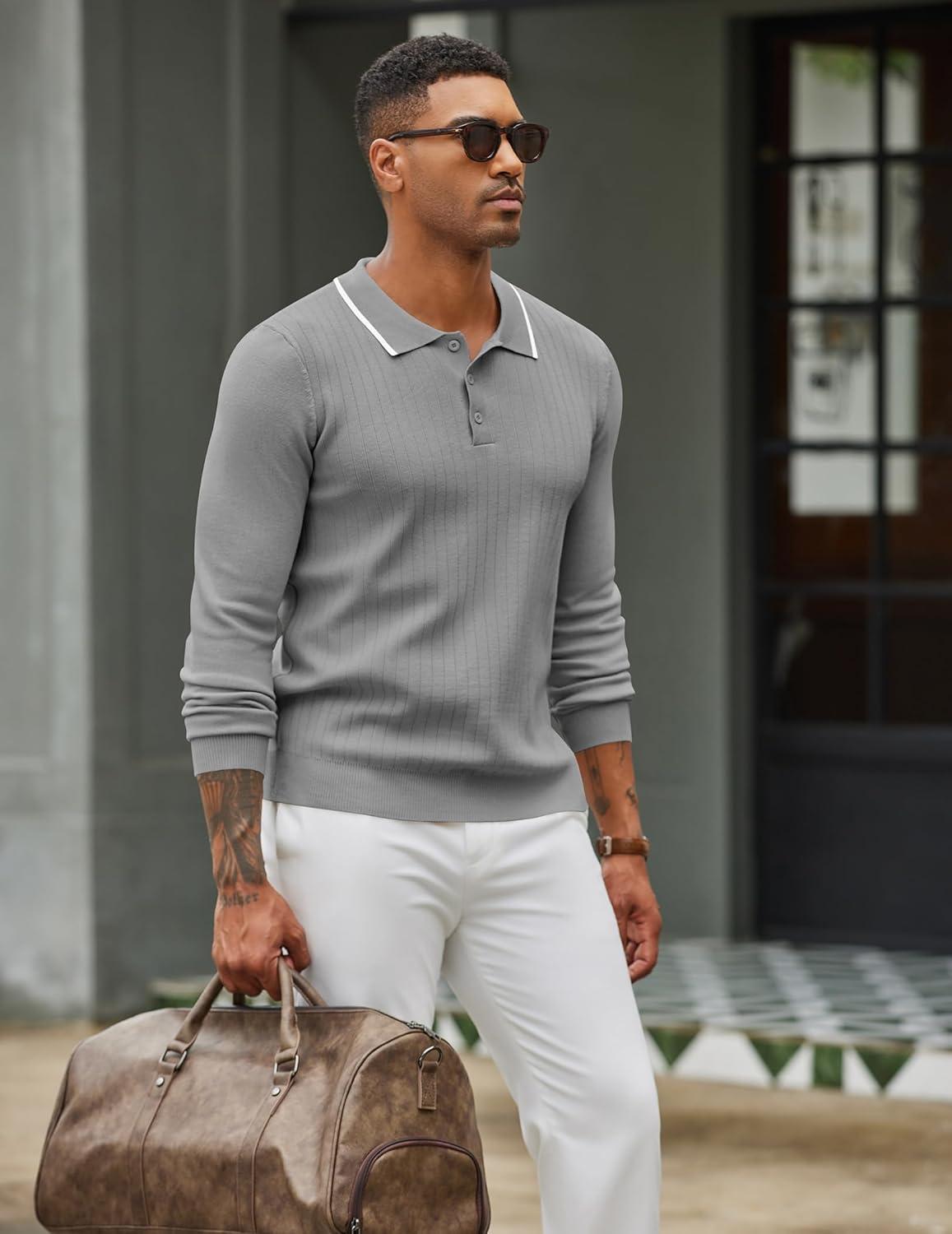 imageCOOFANDY Mens Knit Polo Sweater Casual Long Sleeve Polo Sweater Lightweight Button Down Golf Pullover SweatersLight Grey
