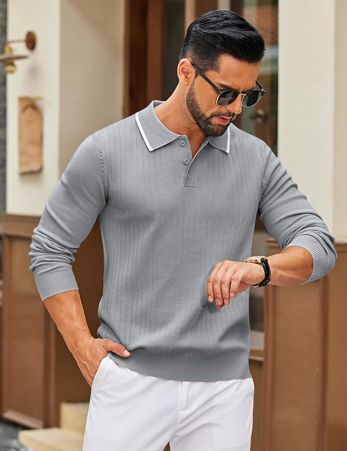 imageCOOFANDY Mens Knit Polo Sweater Casual Long Sleeve Polo Sweater Lightweight Button Down Golf Pullover SweatersLight Grey