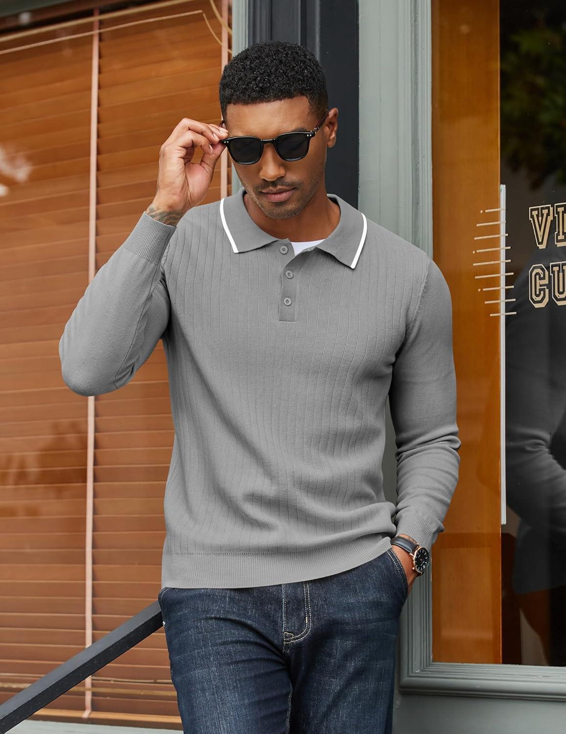 imageCOOFANDY Mens Knit Polo Sweater Casual Long Sleeve Polo Sweater Lightweight Button Down Golf Pullover SweatersLight Grey