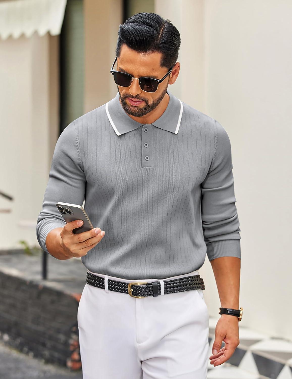 imageCOOFANDY Mens Knit Polo Sweater Casual Long Sleeve Polo Sweater Lightweight Button Down Golf Pullover SweatersLight Grey