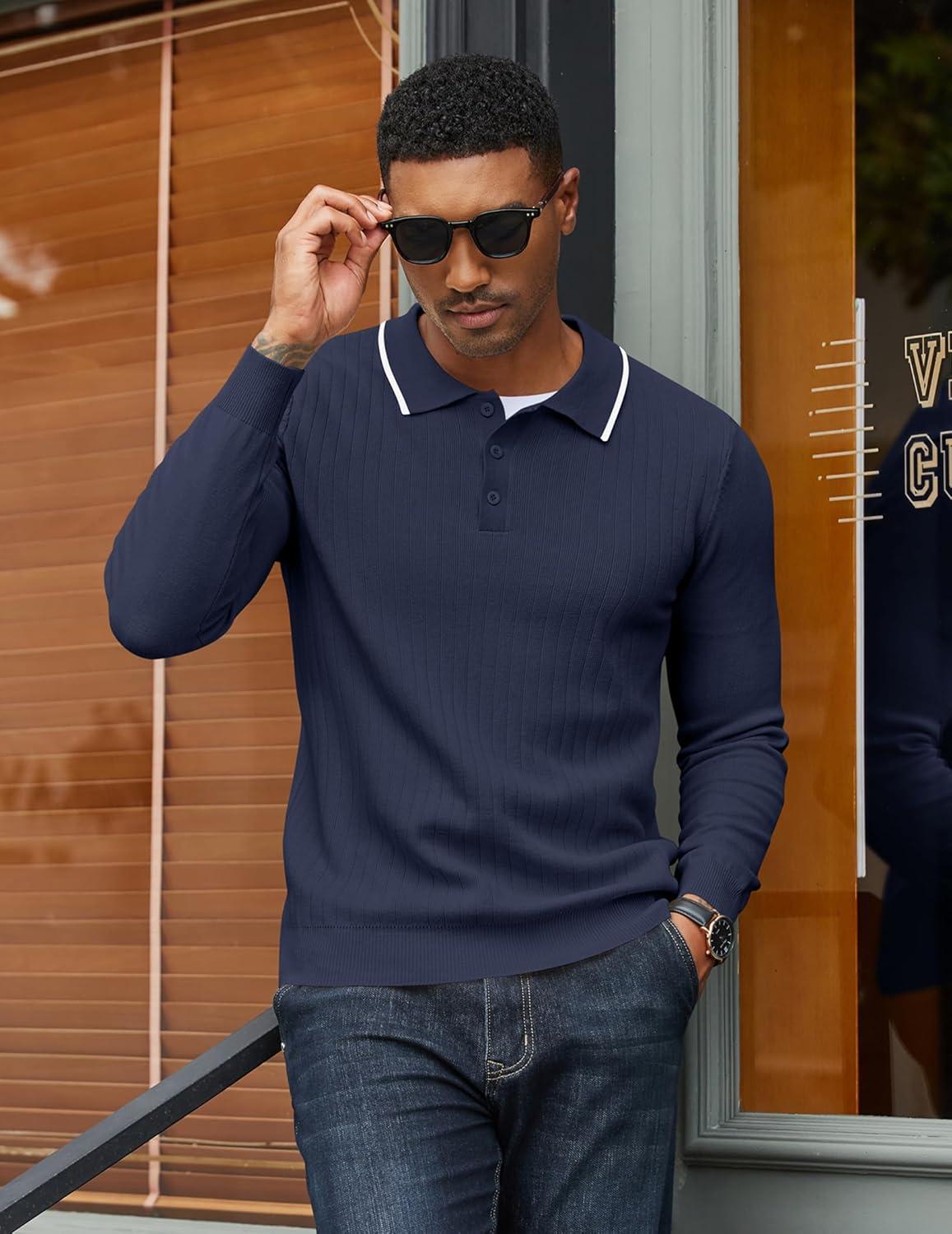 imageCOOFANDY Mens Knit Polo Sweater Casual Long Sleeve Polo Sweater Lightweight Button Down Golf Pullover SweatersMidnight Blue