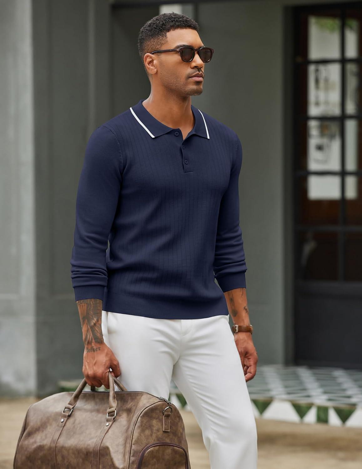 imageCOOFANDY Mens Knit Polo Sweater Casual Long Sleeve Polo Sweater Lightweight Button Down Golf Pullover SweatersMidnight Blue