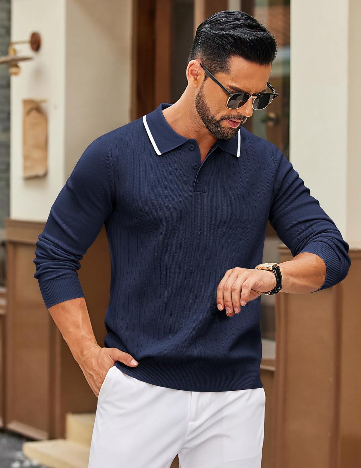 imageCOOFANDY Mens Knit Polo Sweater Casual Long Sleeve Polo Sweater Lightweight Button Down Golf Pullover SweatersMidnight Blue