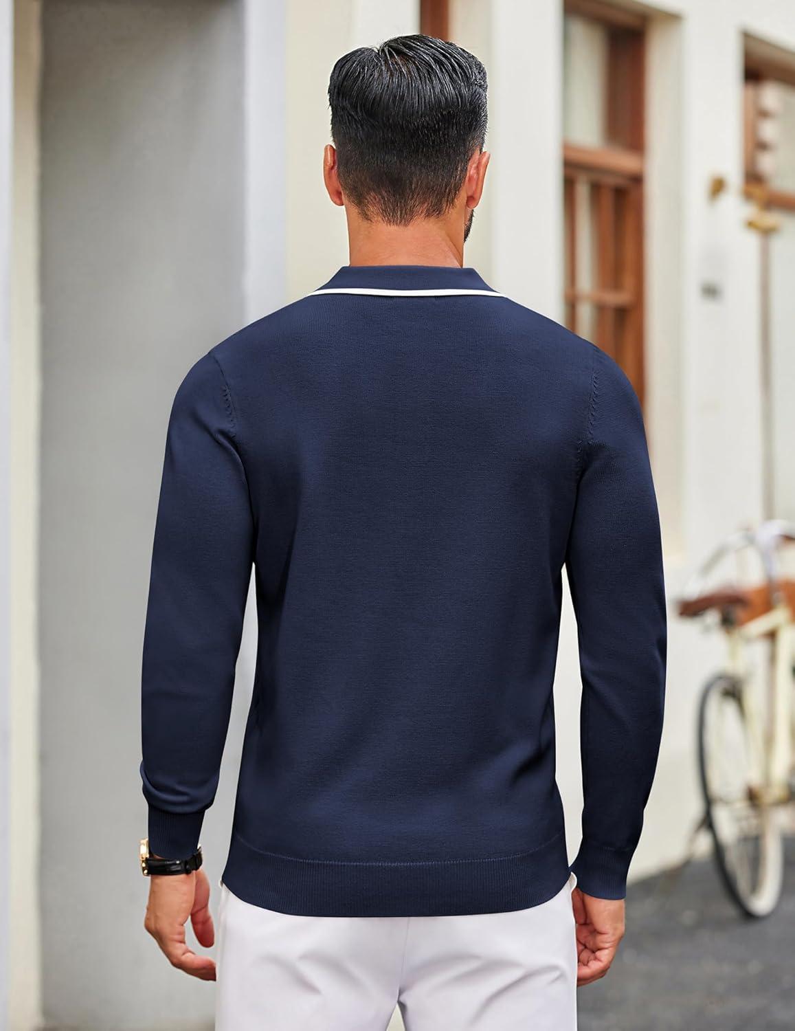 imageCOOFANDY Mens Knit Polo Sweater Casual Long Sleeve Polo Sweater Lightweight Button Down Golf Pullover SweatersMidnight Blue