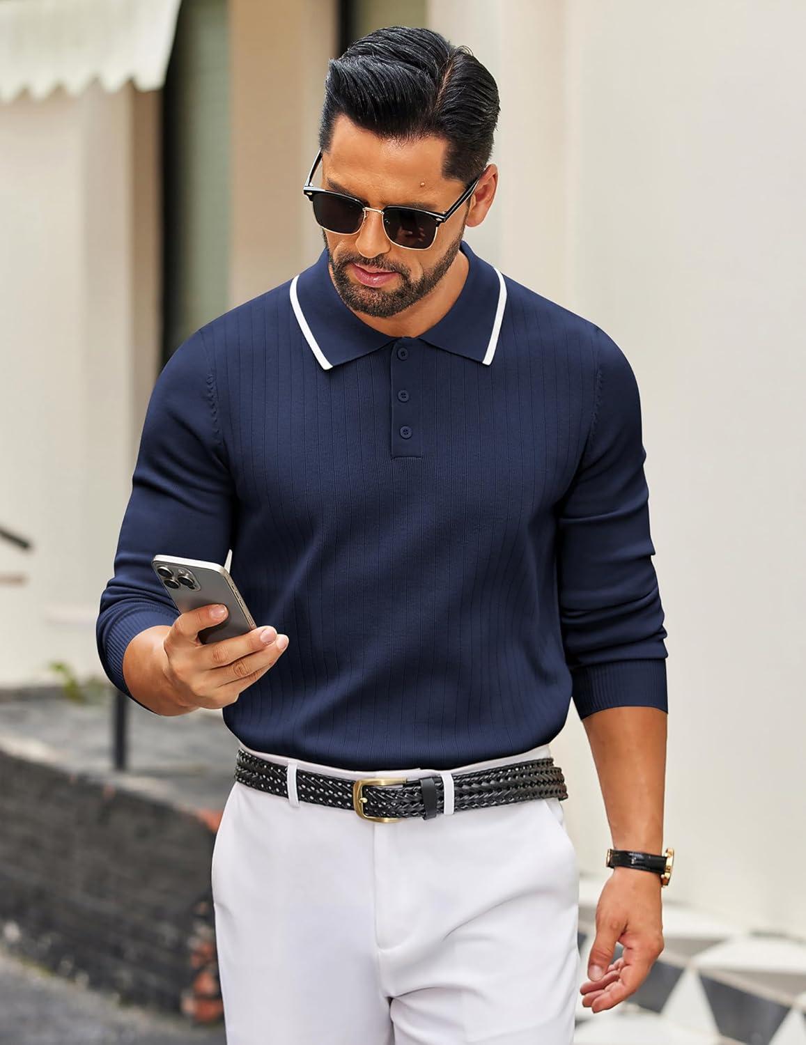 imageCOOFANDY Mens Knit Polo Sweater Casual Long Sleeve Polo Sweater Lightweight Button Down Golf Pullover SweatersMidnight Blue