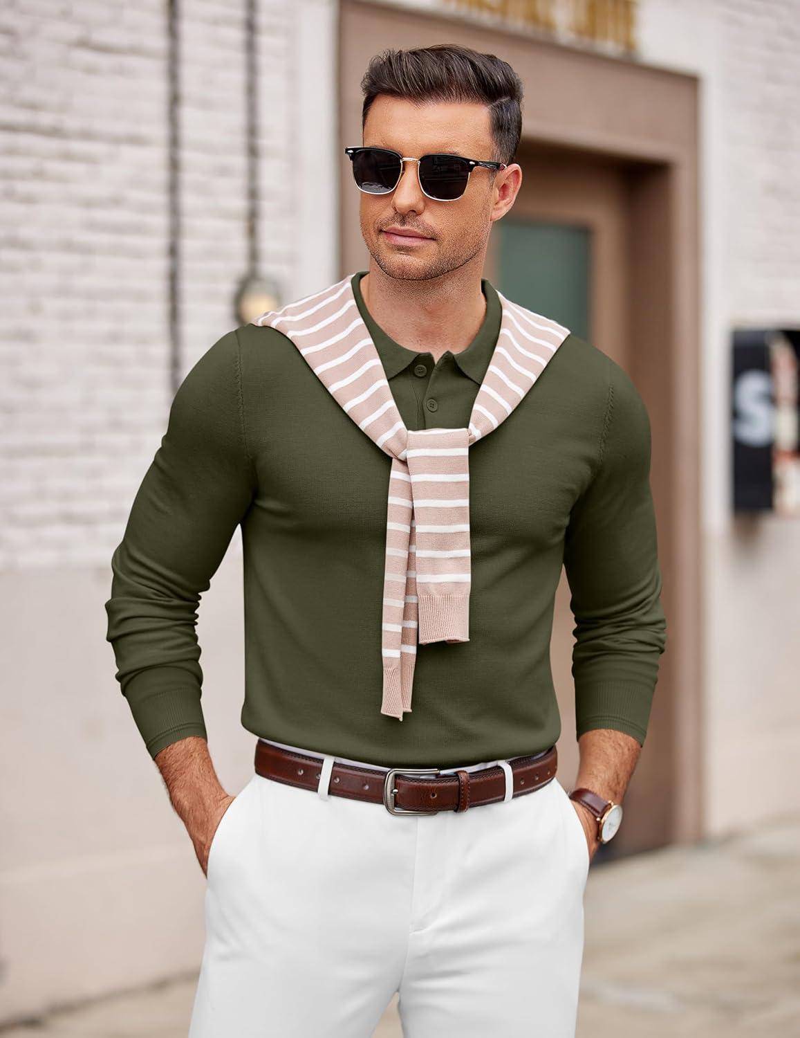 imageCOOFANDY Mens Knit Polo Sweater Long Sleeve Casual Golf Polo Lightweight Dress Button Collar Pullover SweatersArmy Green