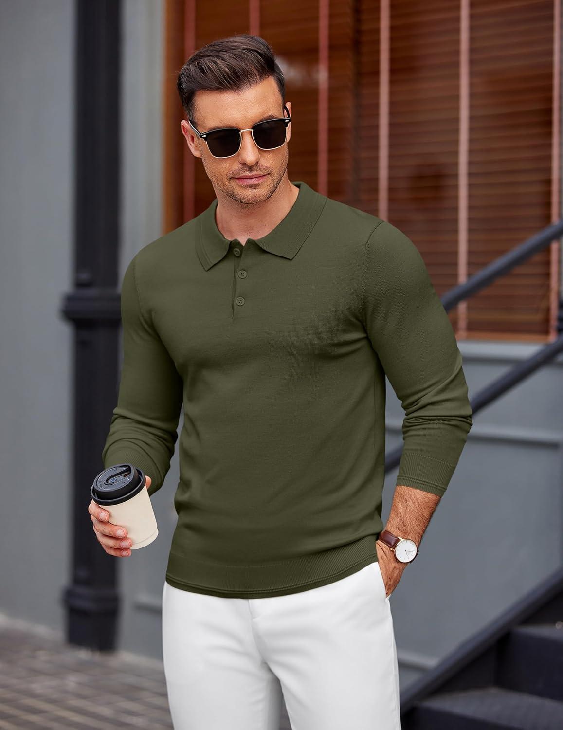 imageCOOFANDY Mens Knit Polo Sweater Long Sleeve Casual Golf Polo Lightweight Dress Button Collar Pullover SweatersArmy Green