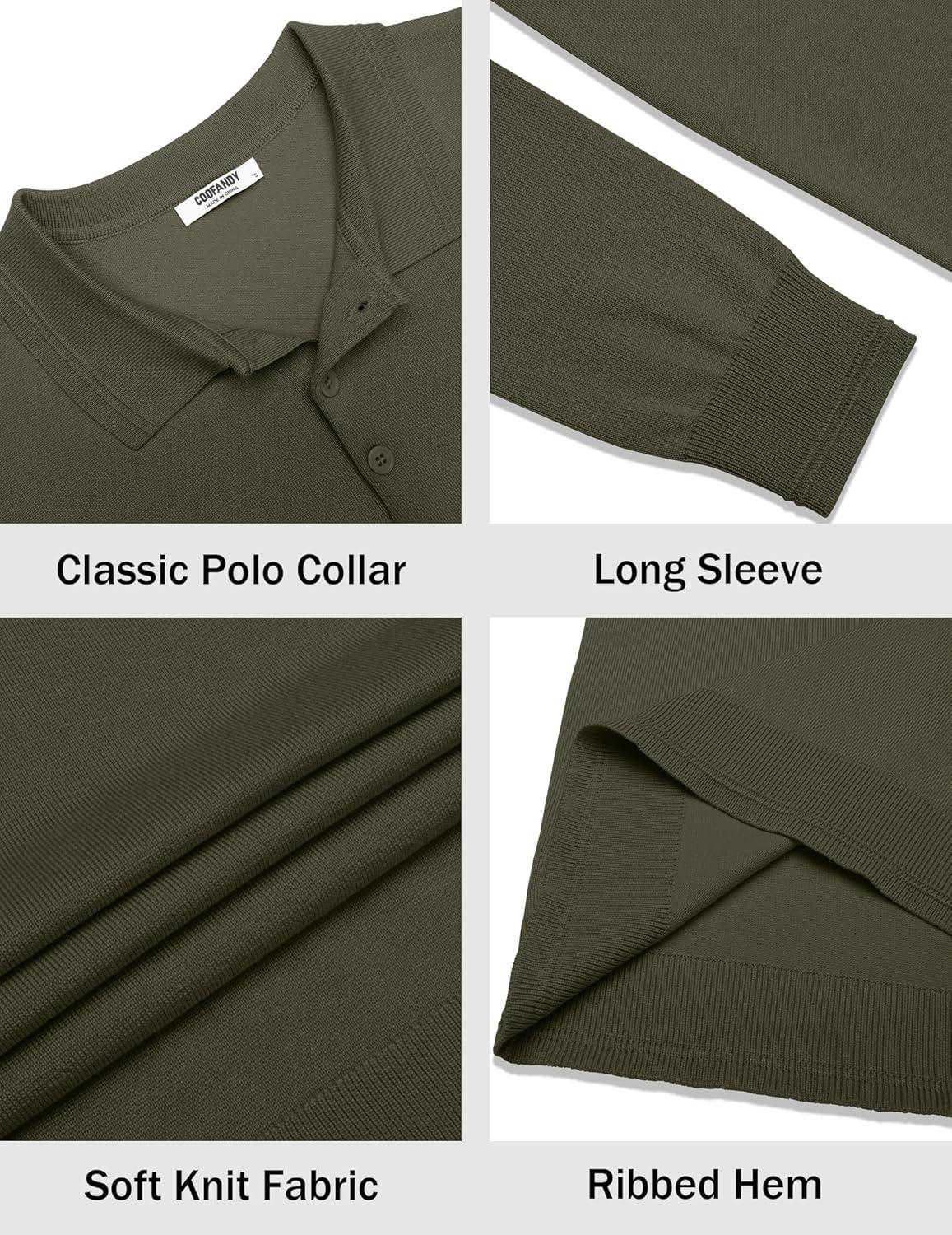 imageCOOFANDY Mens Knit Polo Sweater Long Sleeve Casual Golf Polo Lightweight Dress Button Collar Pullover SweatersArmy Green