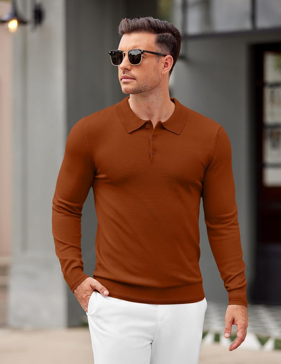 imageCOOFANDY Mens Knit Polo Sweater Long Sleeve Casual Golf Polo Lightweight Dress Button Collar Pullover SweatersCaramel