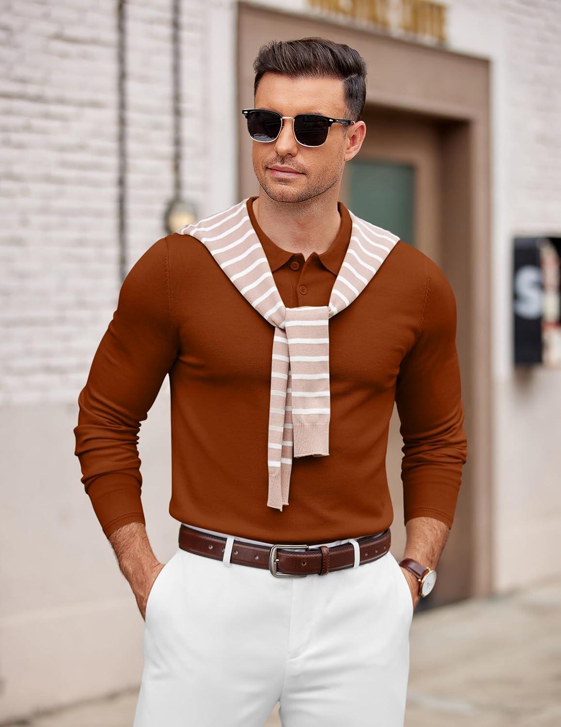imageCOOFANDY Mens Knit Polo Sweater Long Sleeve Casual Golf Polo Lightweight Dress Button Collar Pullover SweatersCaramel