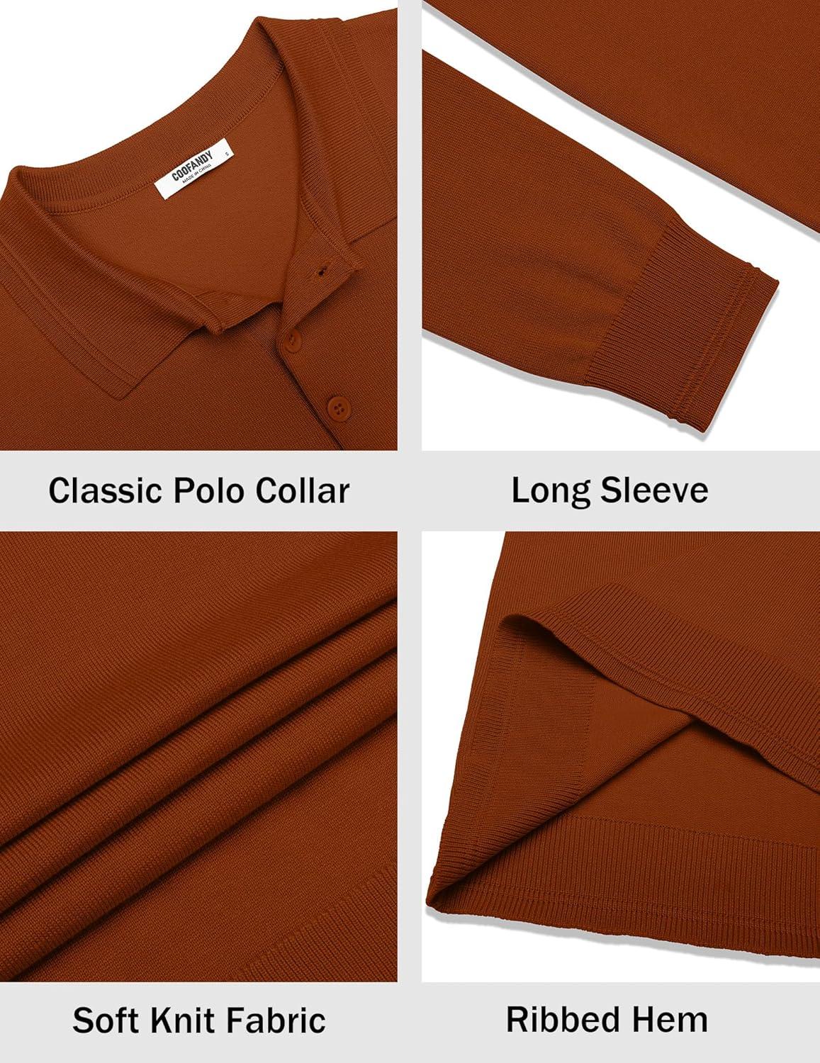 imageCOOFANDY Mens Knit Polo Sweater Long Sleeve Casual Golf Polo Lightweight Dress Button Collar Pullover SweatersCaramel
