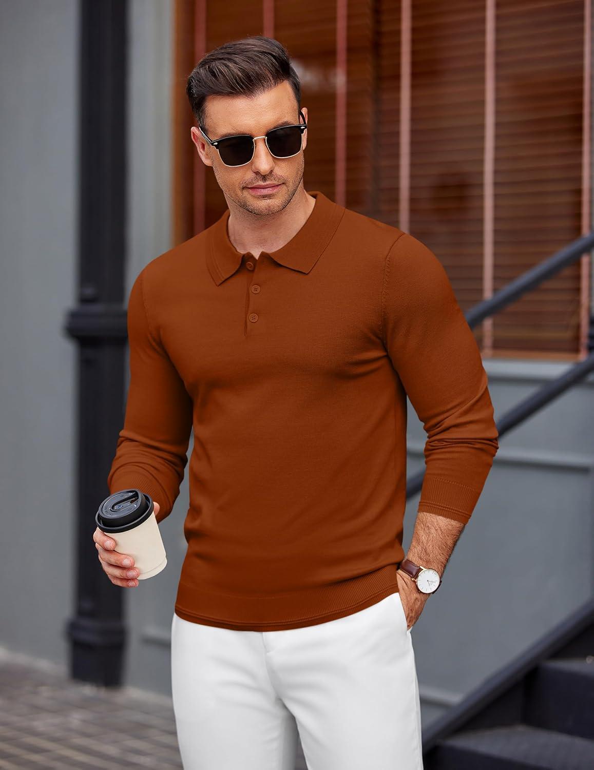 imageCOOFANDY Mens Knit Polo Sweater Long Sleeve Casual Golf Polo Lightweight Dress Button Collar Pullover SweatersCaramel