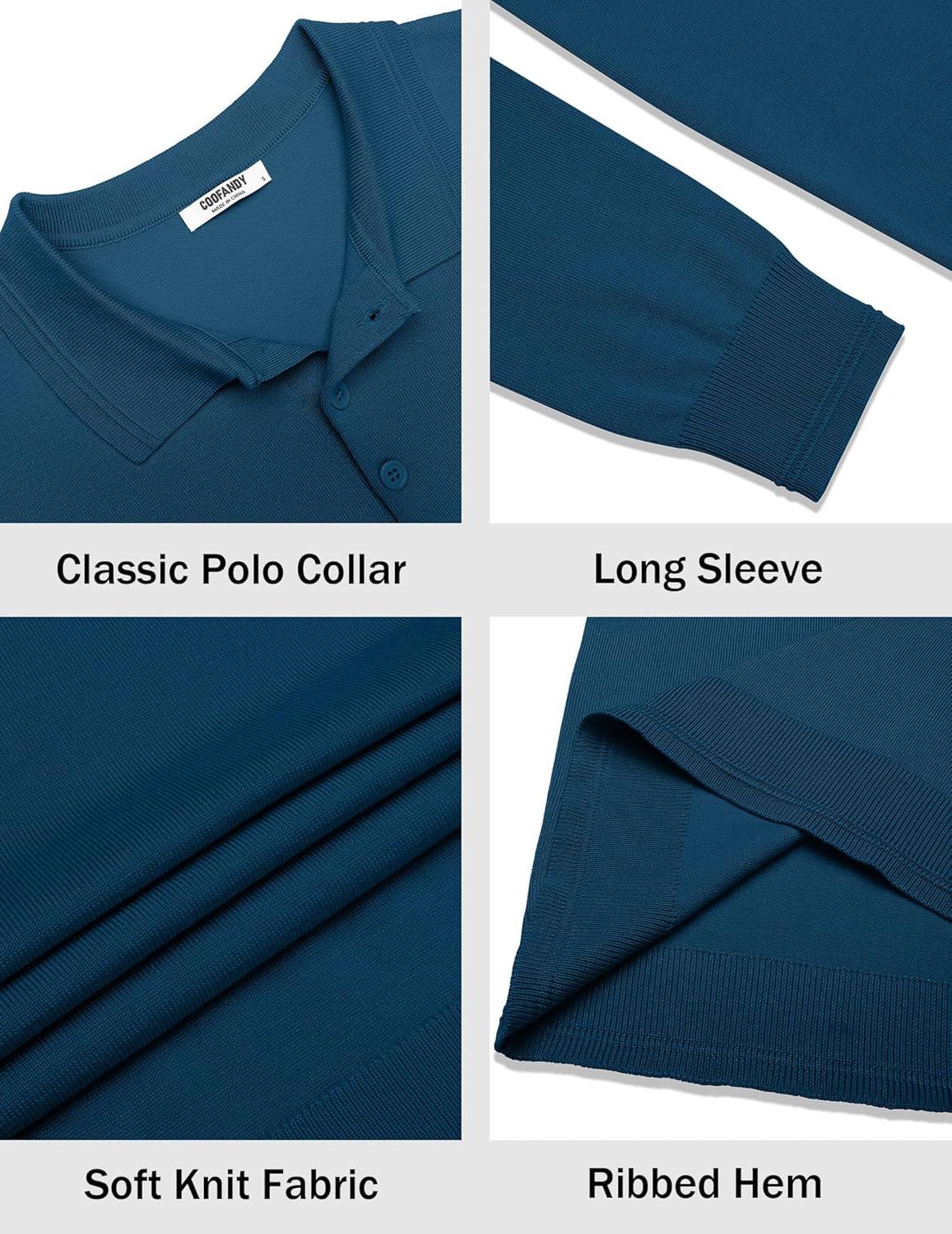 imageCOOFANDY Mens Knit Polo Sweater Long Sleeve Casual Golf Polo Lightweight Dress Button Collar Pullover SweatersDark Blue