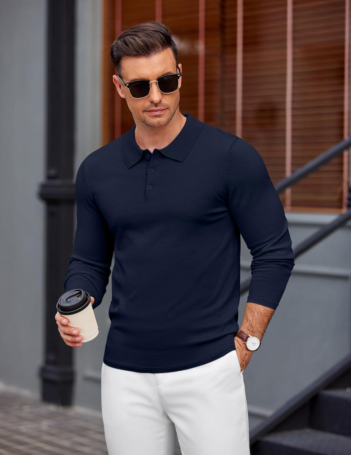 imageCOOFANDY Mens Knit Polo Sweater Long Sleeve Casual Golf Polo Lightweight Dress Button Collar Pullover SweatersNavy Blue