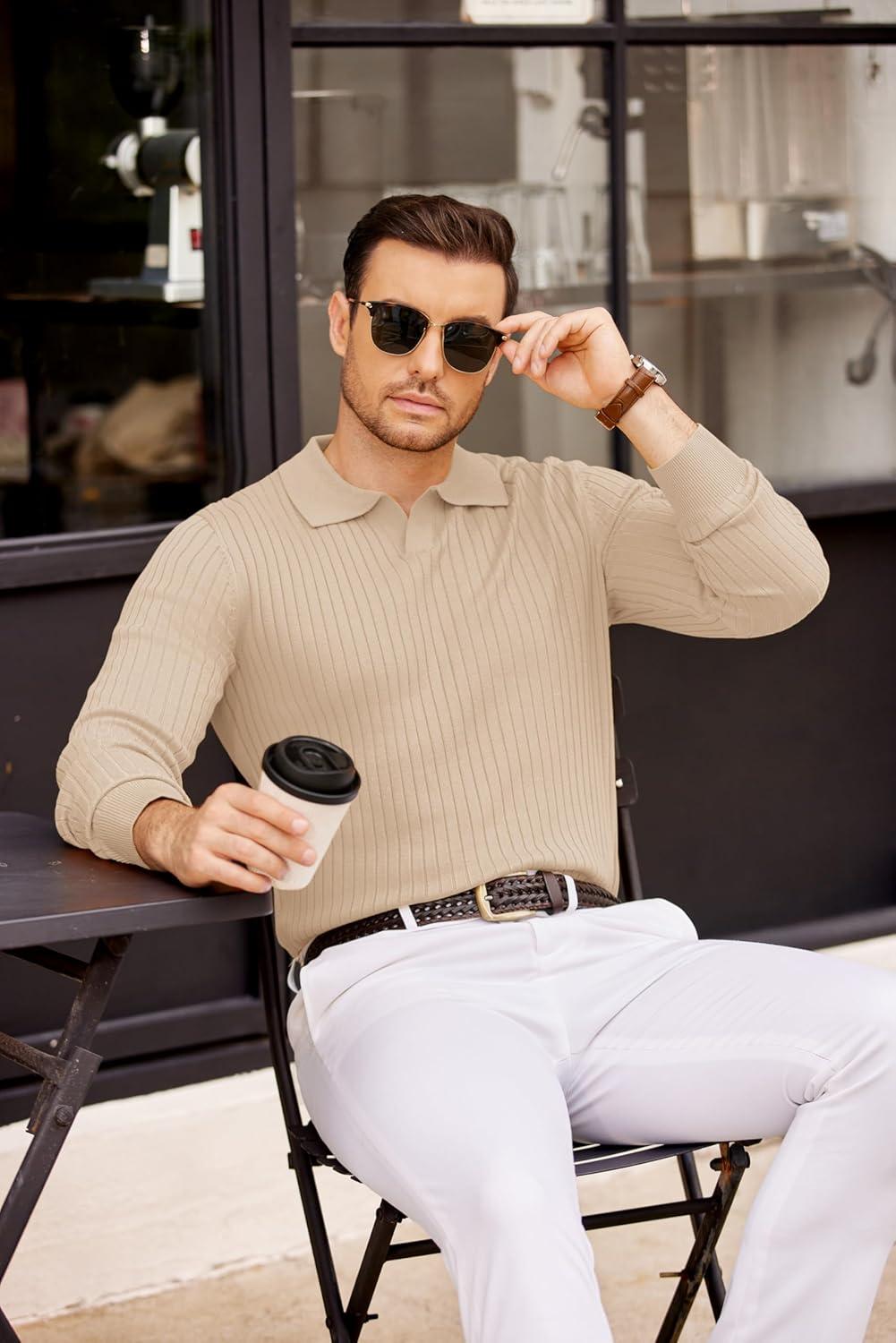 imageCOOFANDY Mens Knit Polos Long Sleeve Casual Sweater Polos V Neck Collared Sweater Golf Polo Sweaters and PulloversApricot