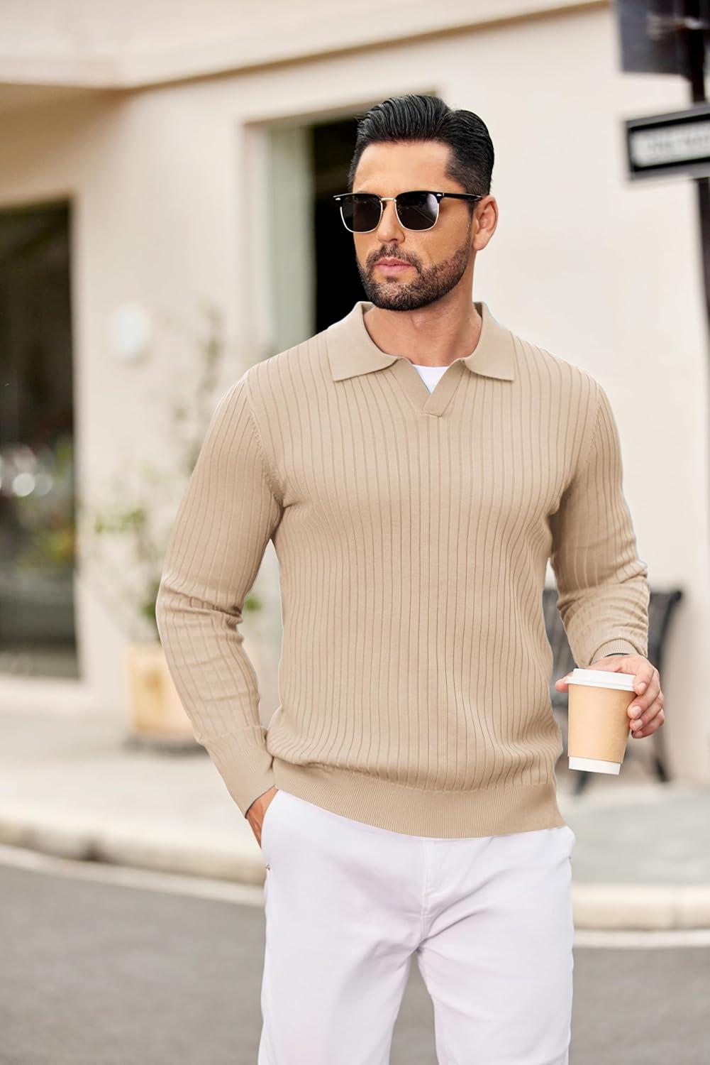 imageCOOFANDY Mens Knit Polos Long Sleeve Casual Sweater Polos V Neck Collared Sweater Golf Polo Sweaters and PulloversApricot