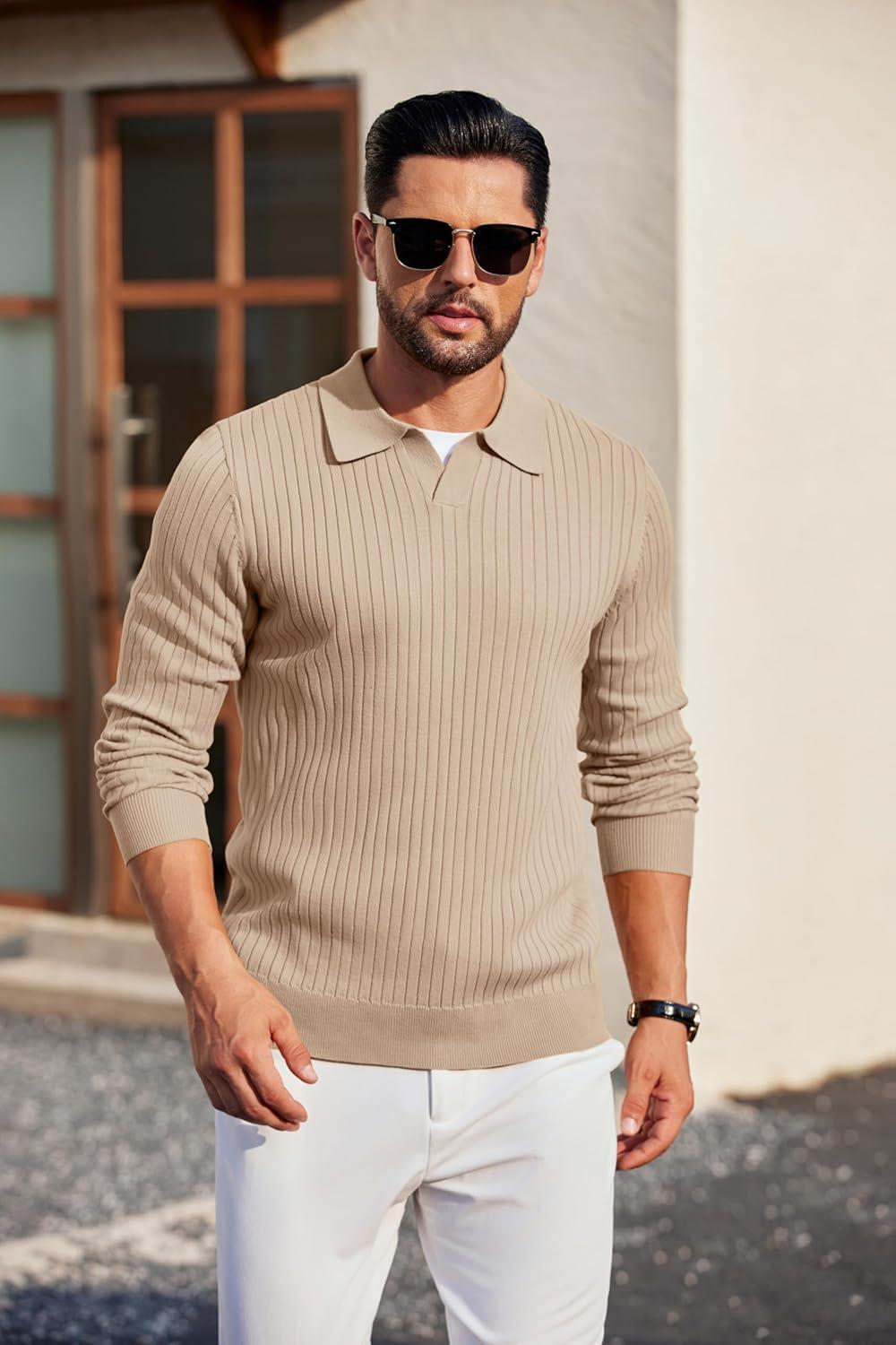 imageCOOFANDY Mens Knit Polos Long Sleeve Casual Sweater Polos V Neck Collared Sweater Golf Polo Sweaters and PulloversApricot