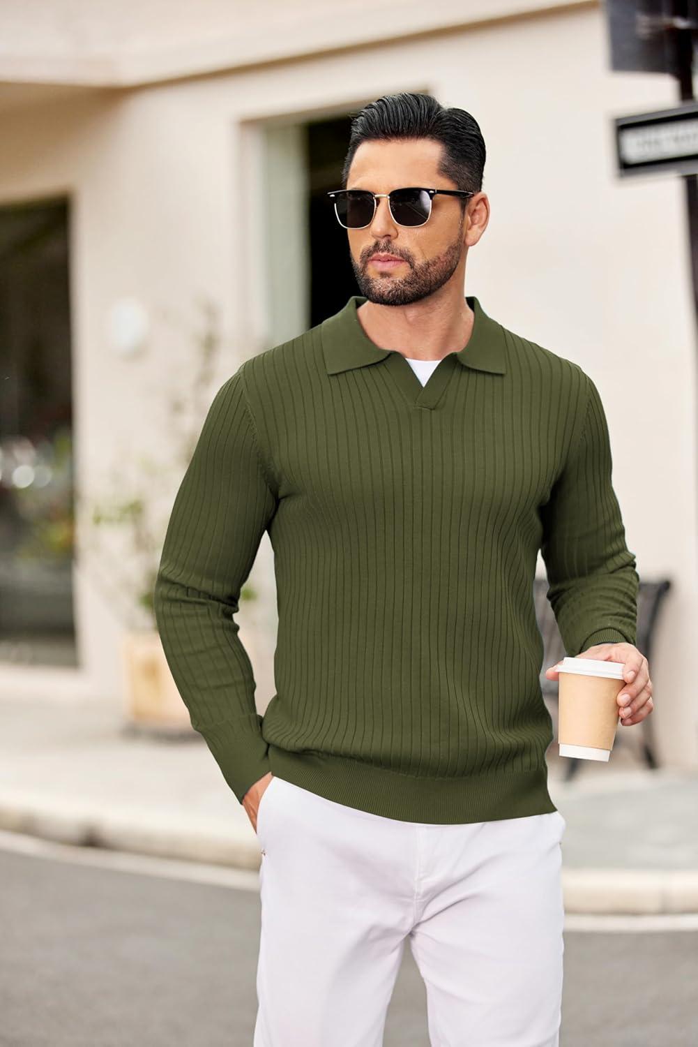 imageCOOFANDY Mens Knit Polos Long Sleeve Casual Sweater Polos V Neck Collared Sweater Golf Polo Sweaters and PulloversArmy Green