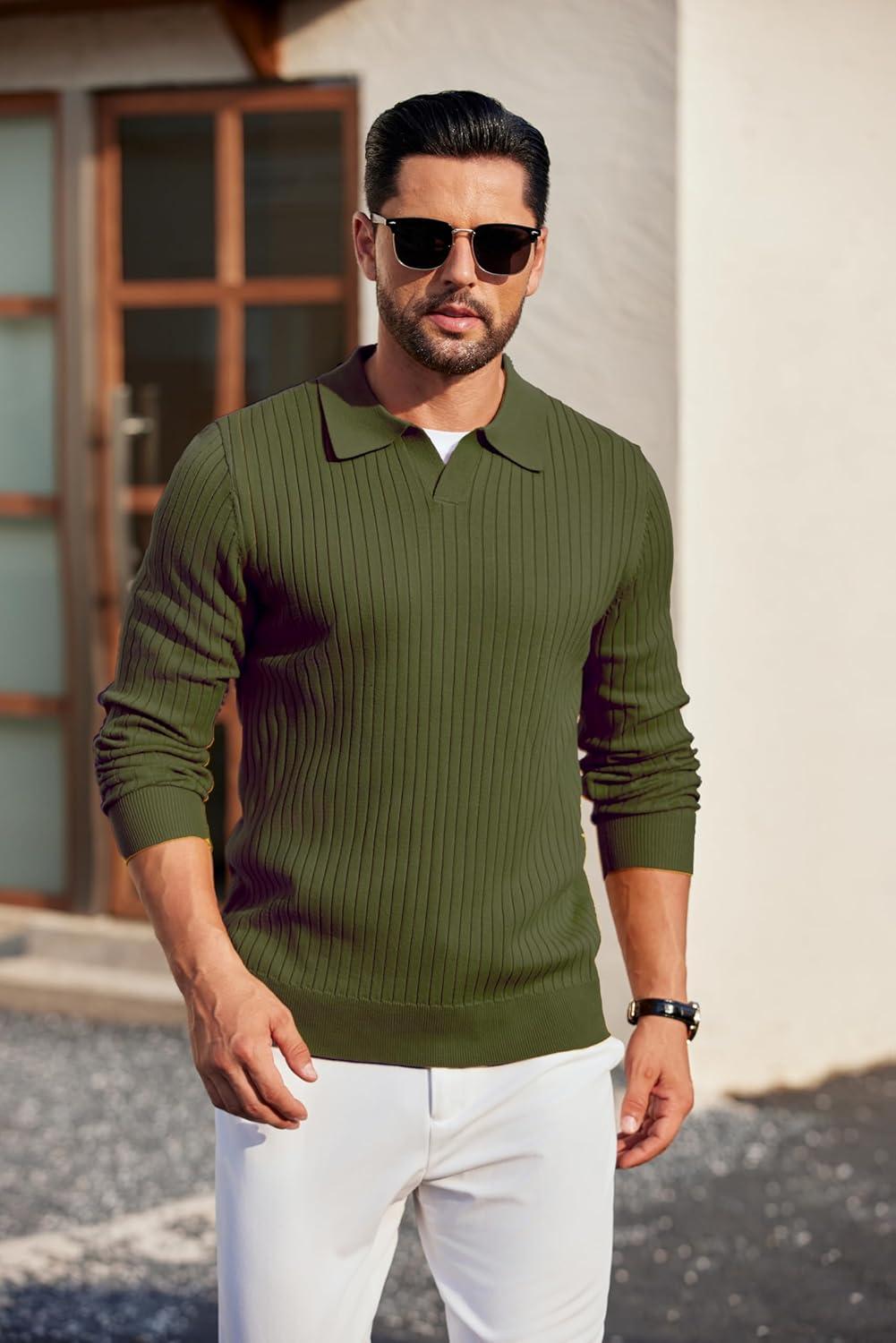 imageCOOFANDY Mens Knit Polos Long Sleeve Casual Sweater Polos V Neck Collared Sweater Golf Polo Sweaters and PulloversArmy Green