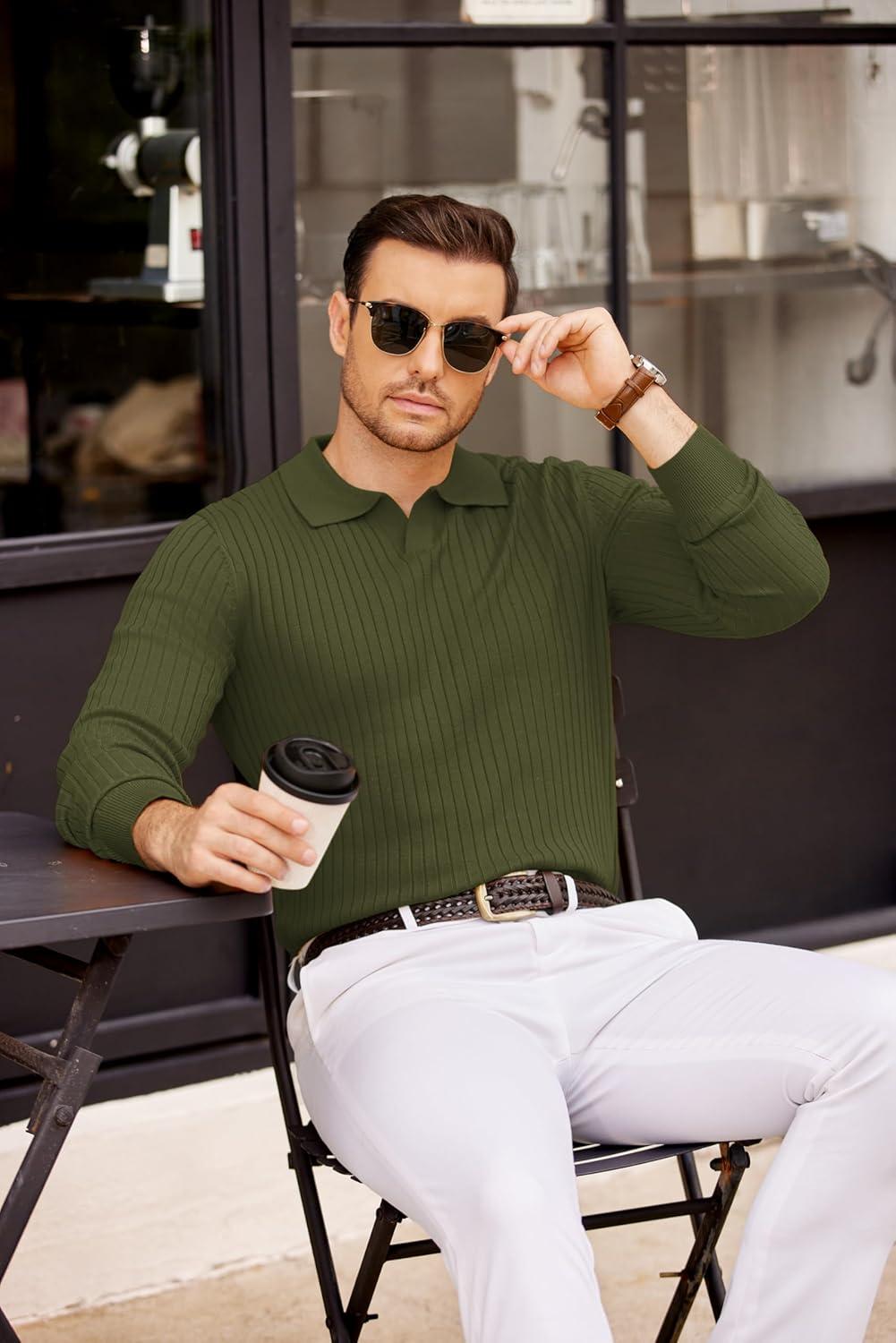imageCOOFANDY Mens Knit Polos Long Sleeve Casual Sweater Polos V Neck Collared Sweater Golf Polo Sweaters and PulloversArmy Green