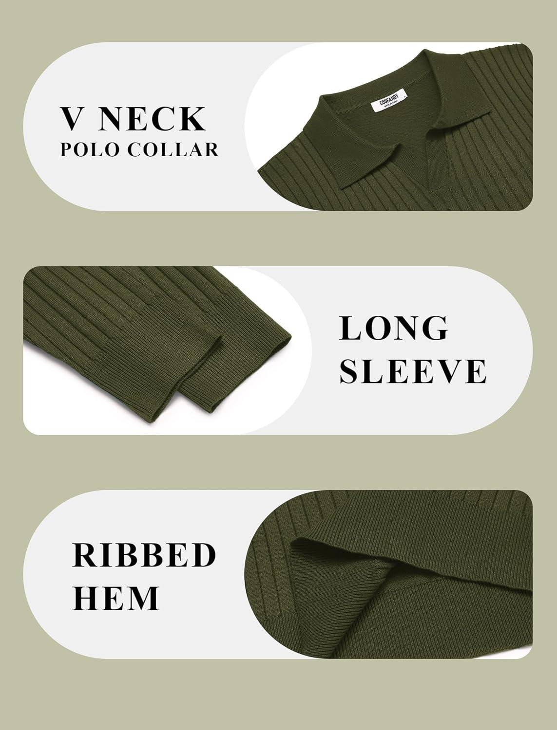 imageCOOFANDY Mens Knit Polos Long Sleeve Casual Sweater Polos V Neck Collared Sweater Golf Polo Sweaters and PulloversArmy Green