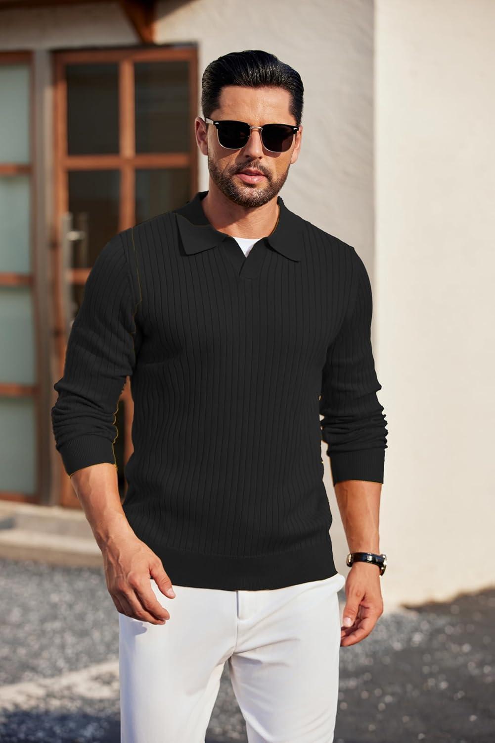 imageCOOFANDY Mens Knit Polos Long Sleeve Casual Sweater Polos V Neck Collared Sweater Golf Polo Sweaters and PulloversBlack