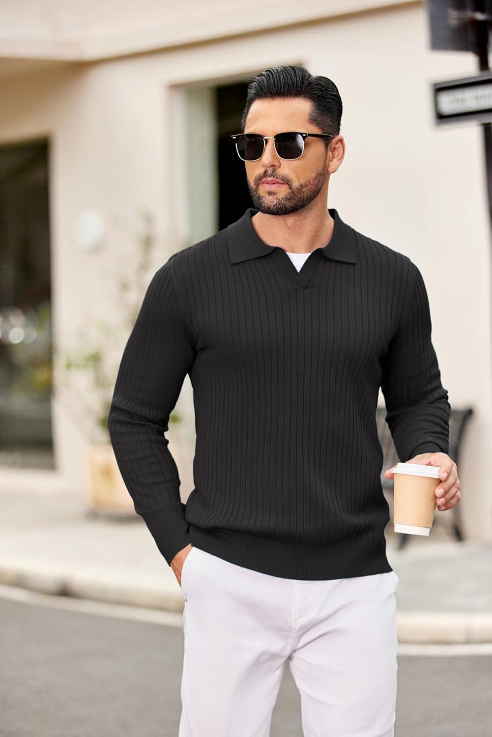 imageCOOFANDY Mens Knit Polos Long Sleeve Casual Sweater Polos V Neck Collared Sweater Golf Polo Sweaters and PulloversBlack