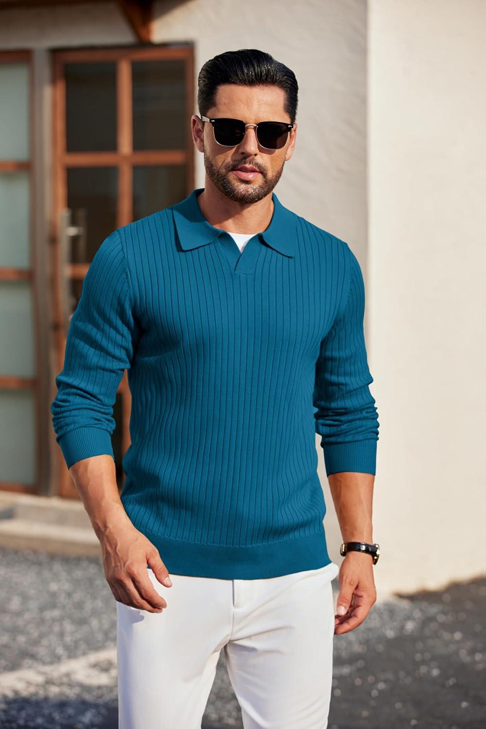 imageCOOFANDY Mens Knit Polos Long Sleeve Casual Sweater Polos V Neck Collared Sweater Golf Polo Sweaters and PulloversBlue