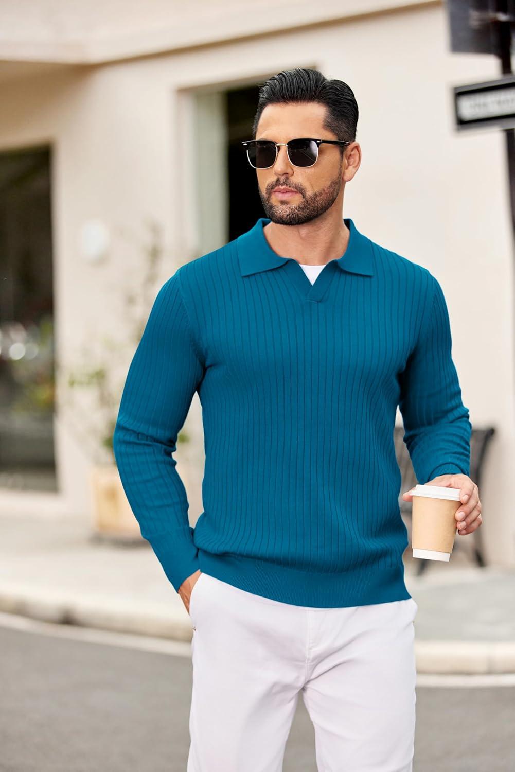 imageCOOFANDY Mens Knit Polos Long Sleeve Casual Sweater Polos V Neck Collared Sweater Golf Polo Sweaters and PulloversBlue