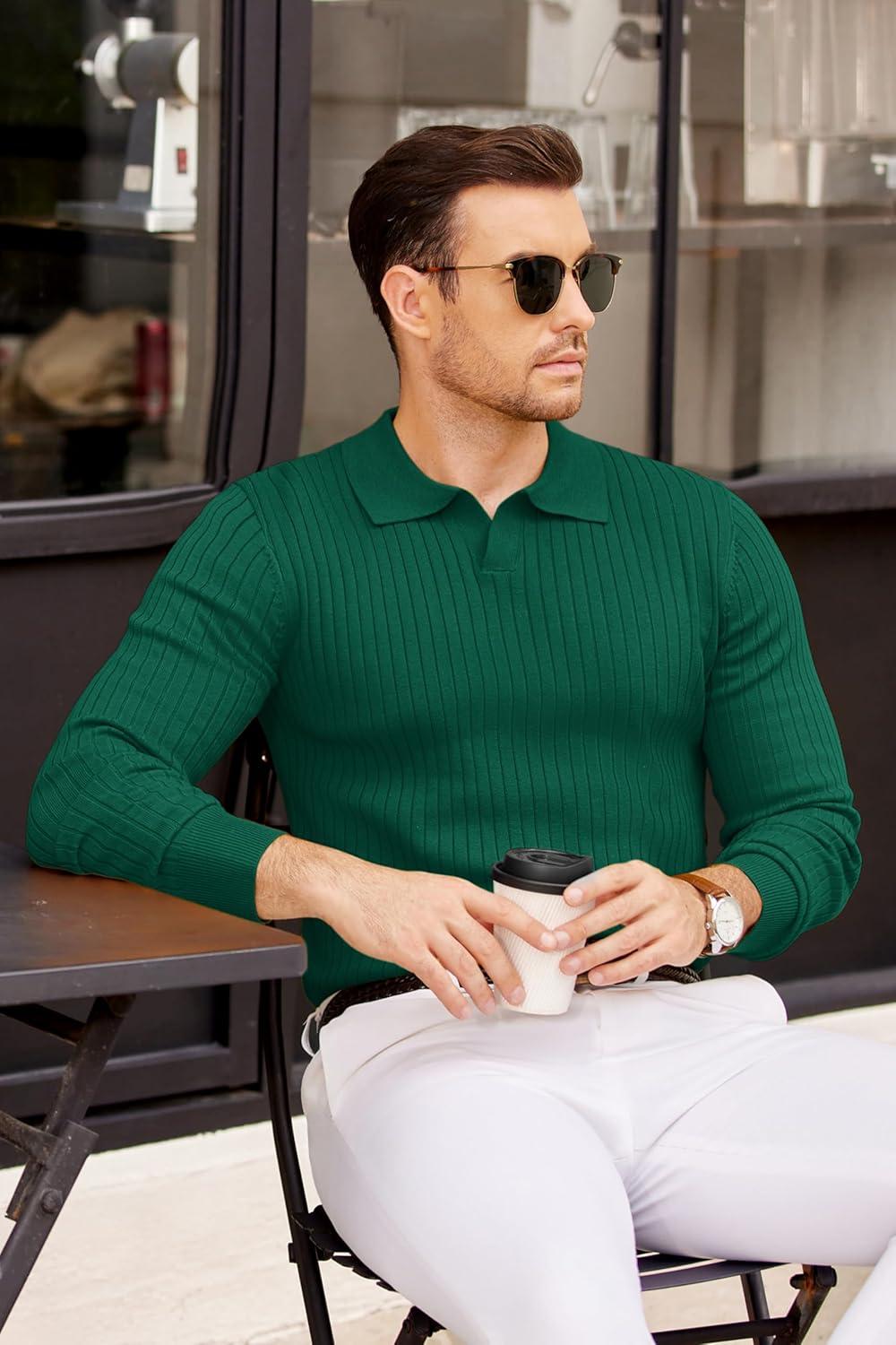 imageCOOFANDY Mens Knit Polos Long Sleeve Casual Sweater Polos V Neck Collared Sweater Golf Polo Sweaters and PulloversDark Green