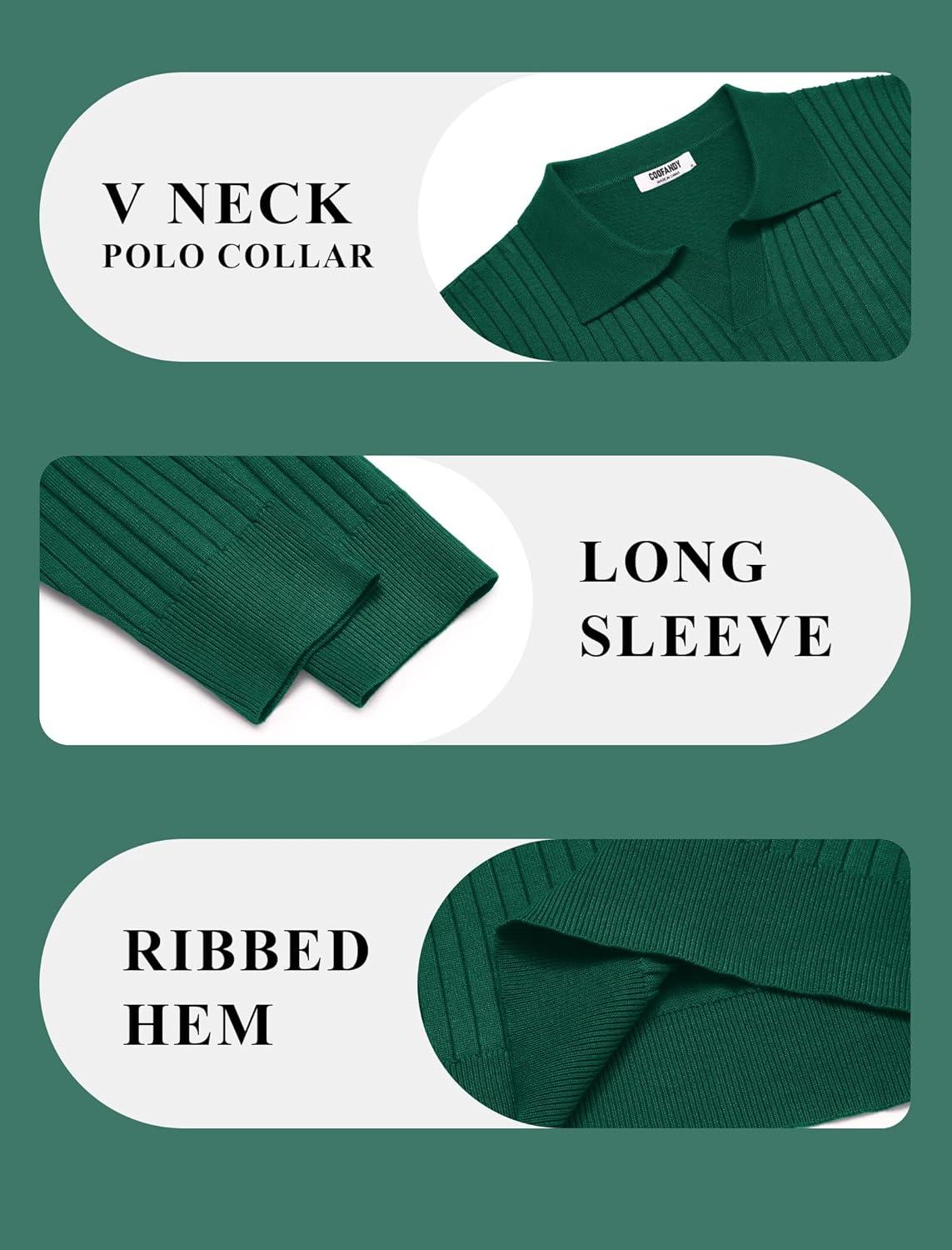 imageCOOFANDY Mens Knit Polos Long Sleeve Casual Sweater Polos V Neck Collared Sweater Golf Polo Sweaters and PulloversDark Green