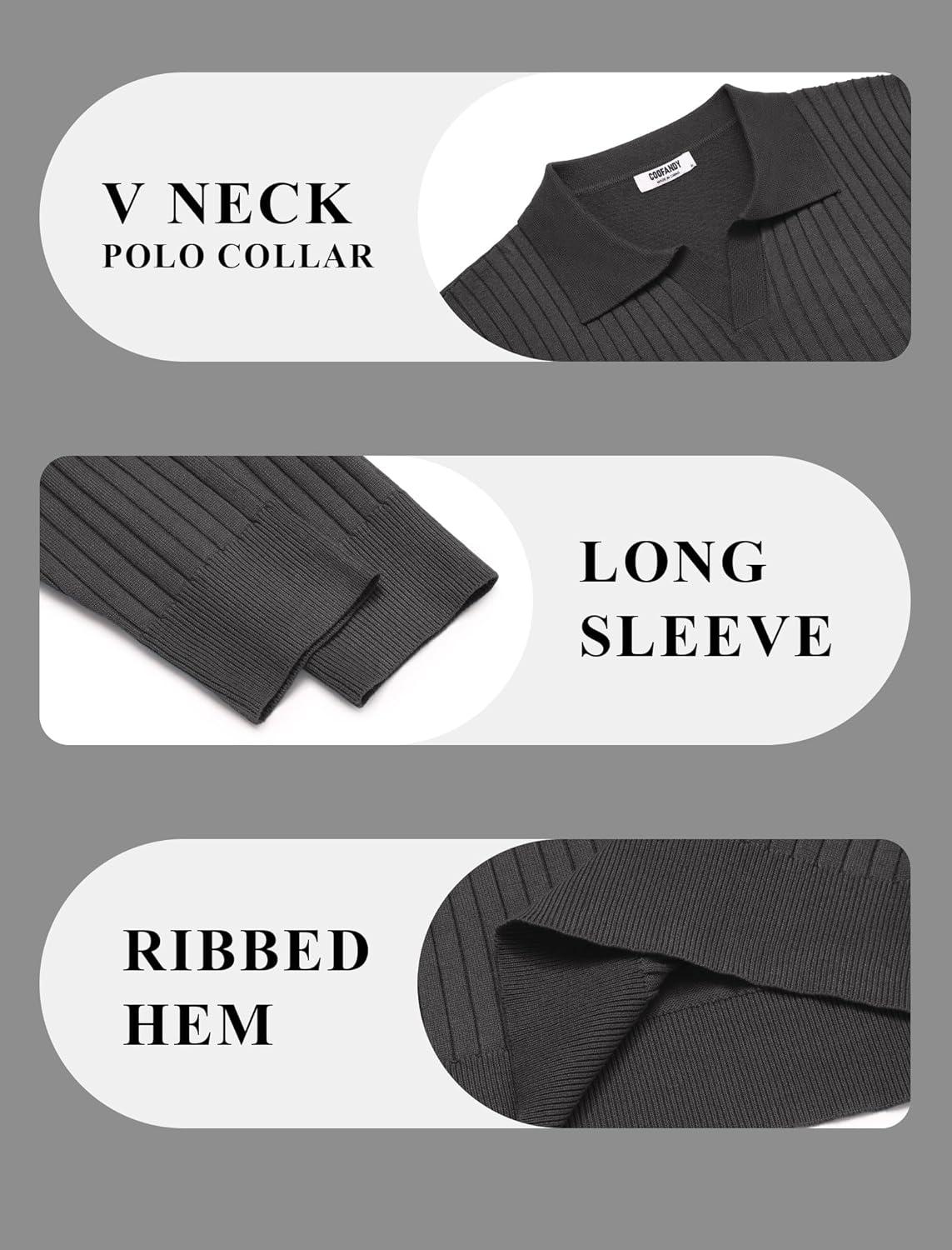 imageCOOFANDY Mens Knit Polos Long Sleeve Casual Sweater Polos V Neck Collared Sweater Golf Polo Sweaters and PulloversDark Grey