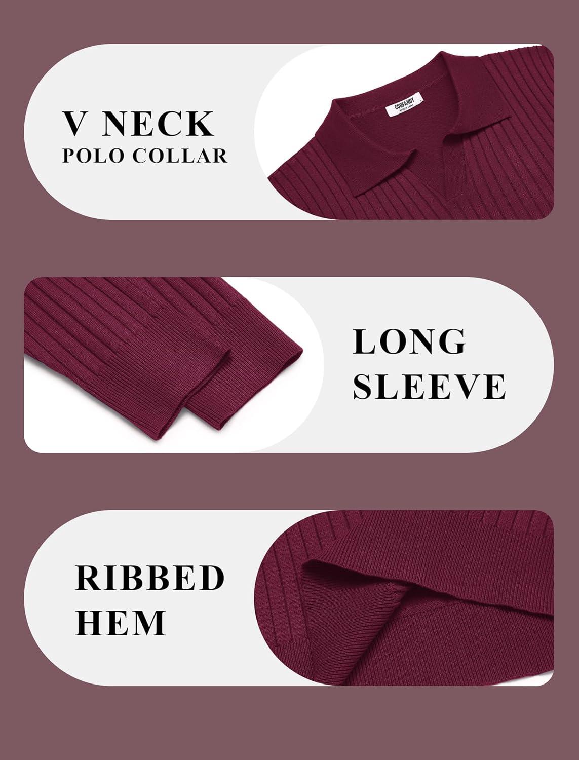 imageCOOFANDY Mens Knit Polos Long Sleeve Casual Sweater Polos V Neck Collared Sweater Golf Polo Sweaters and PulloversDark Red