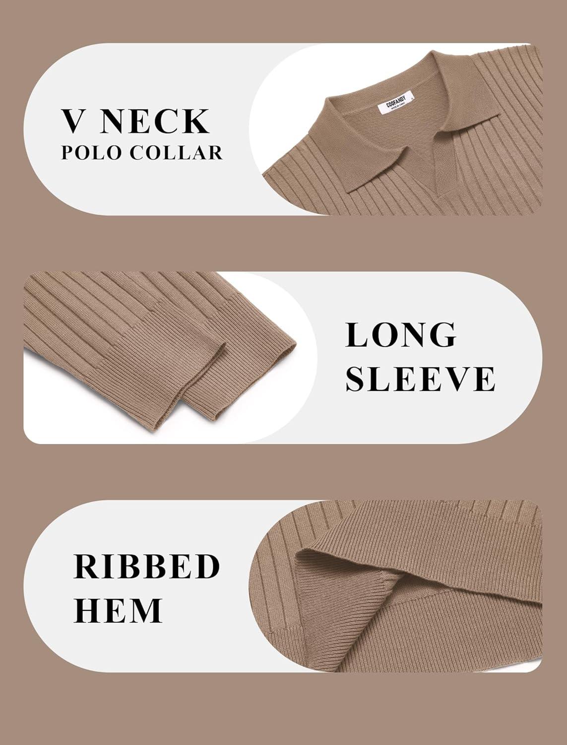 imageCOOFANDY Mens Knit Polos Long Sleeve Casual Sweater Polos V Neck Collared Sweater Golf Polo Sweaters and PulloversKhaki