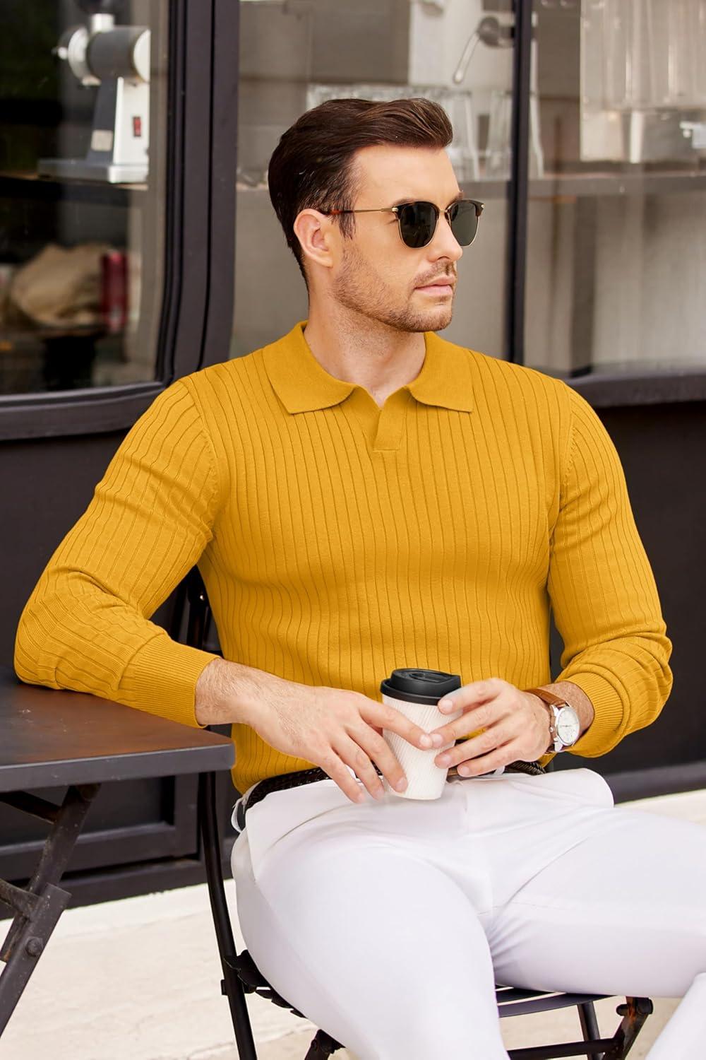 imageCOOFANDY Mens Knit Polos Long Sleeve Casual Sweater Polos V Neck Collared Sweater Golf Polo Sweaters and PulloversLight Brown