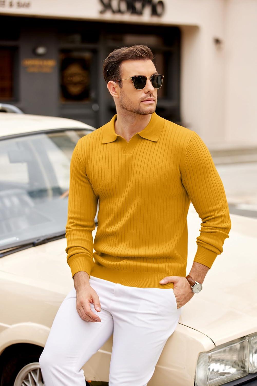 imageCOOFANDY Mens Knit Polos Long Sleeve Casual Sweater Polos V Neck Collared Sweater Golf Polo Sweaters and PulloversLight Brown