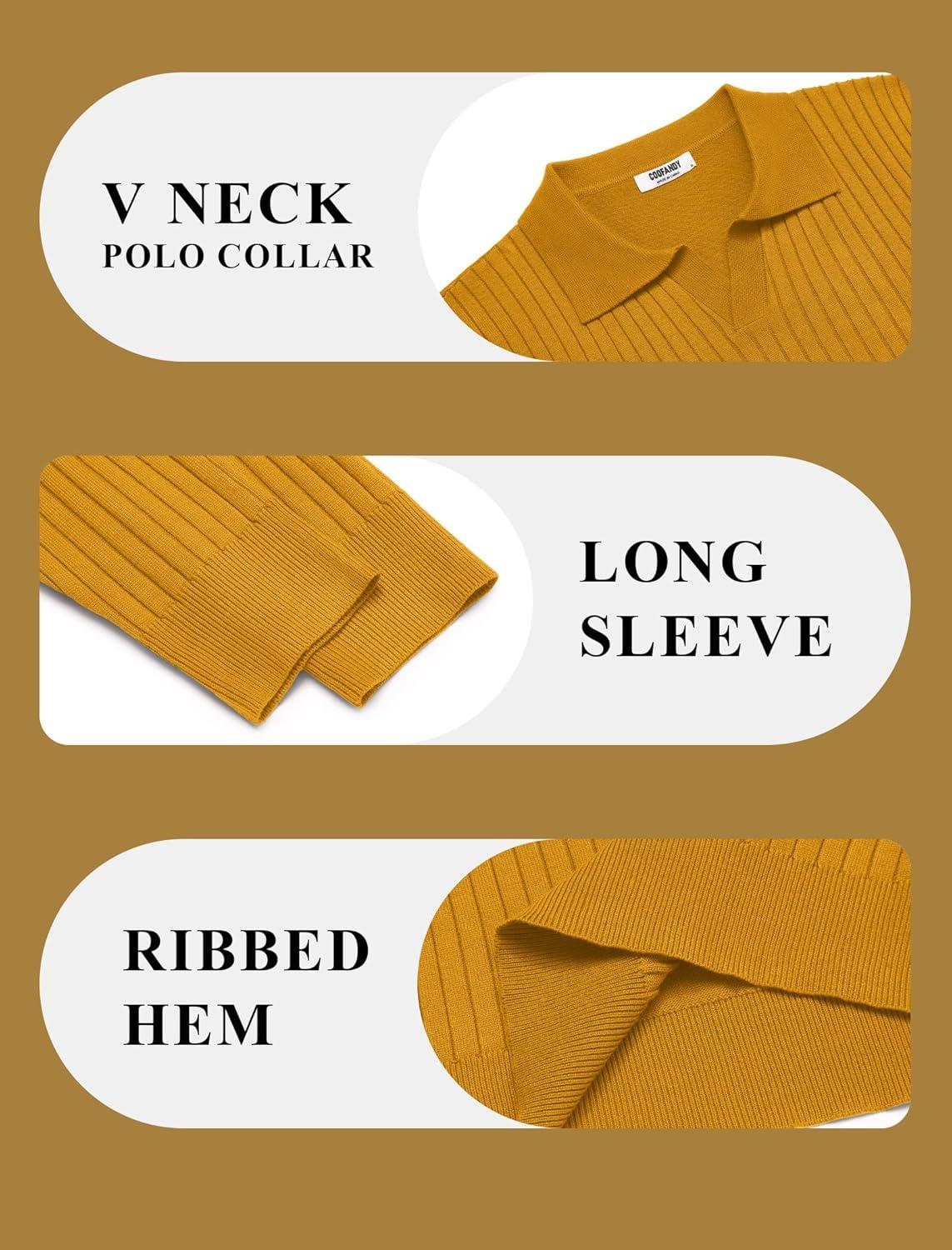 imageCOOFANDY Mens Knit Polos Long Sleeve Casual Sweater Polos V Neck Collared Sweater Golf Polo Sweaters and PulloversLight Brown