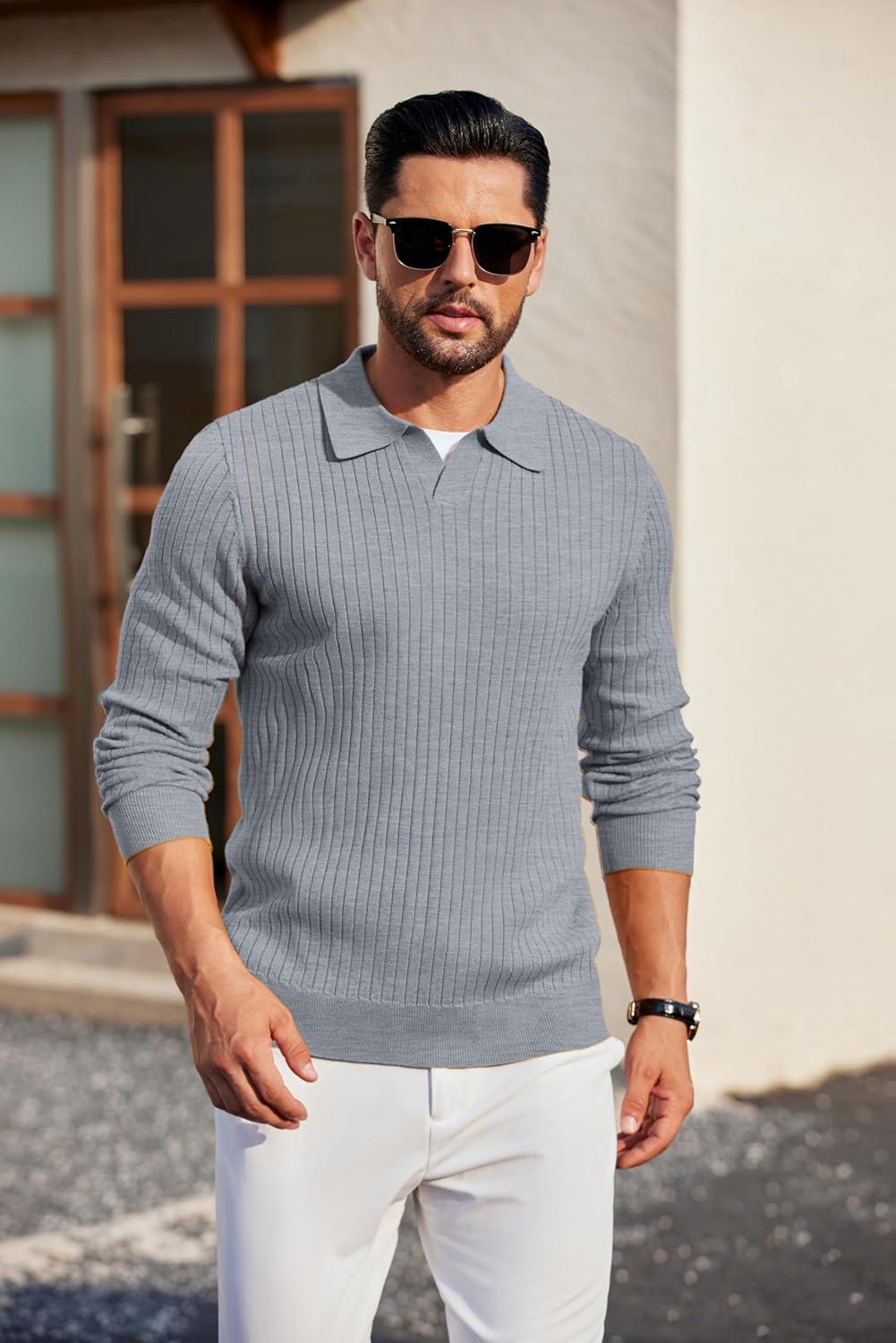 imageCOOFANDY Mens Knit Polos Long Sleeve Casual Sweater Polos V Neck Collared Sweater Golf Polo Sweaters and PulloversLight Grey