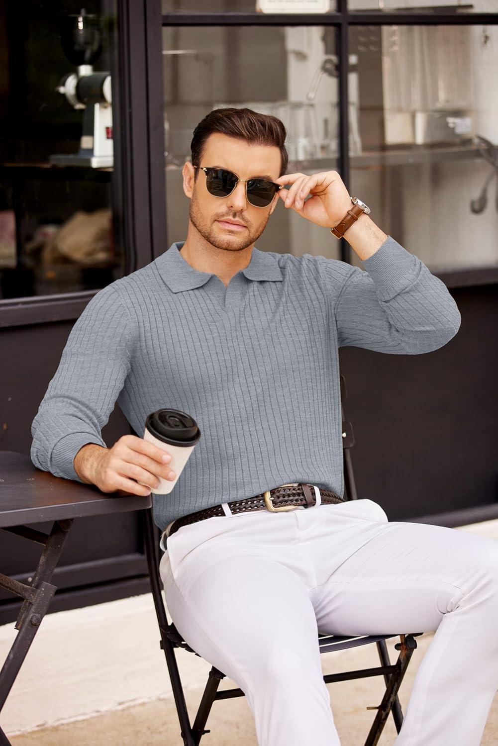 imageCOOFANDY Mens Knit Polos Long Sleeve Casual Sweater Polos V Neck Collared Sweater Golf Polo Sweaters and PulloversLight Grey