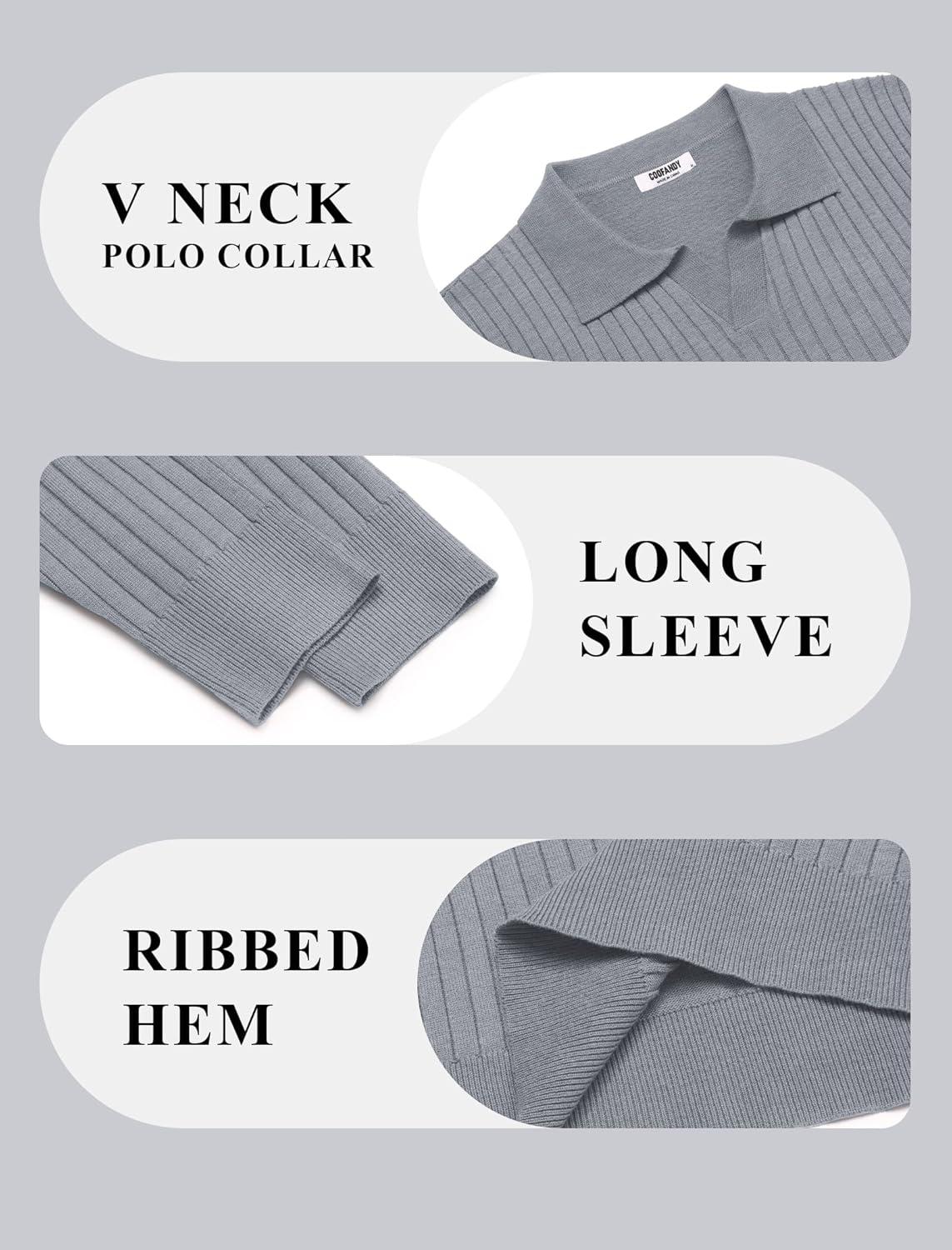 imageCOOFANDY Mens Knit Polos Long Sleeve Casual Sweater Polos V Neck Collared Sweater Golf Polo Sweaters and PulloversLight Grey