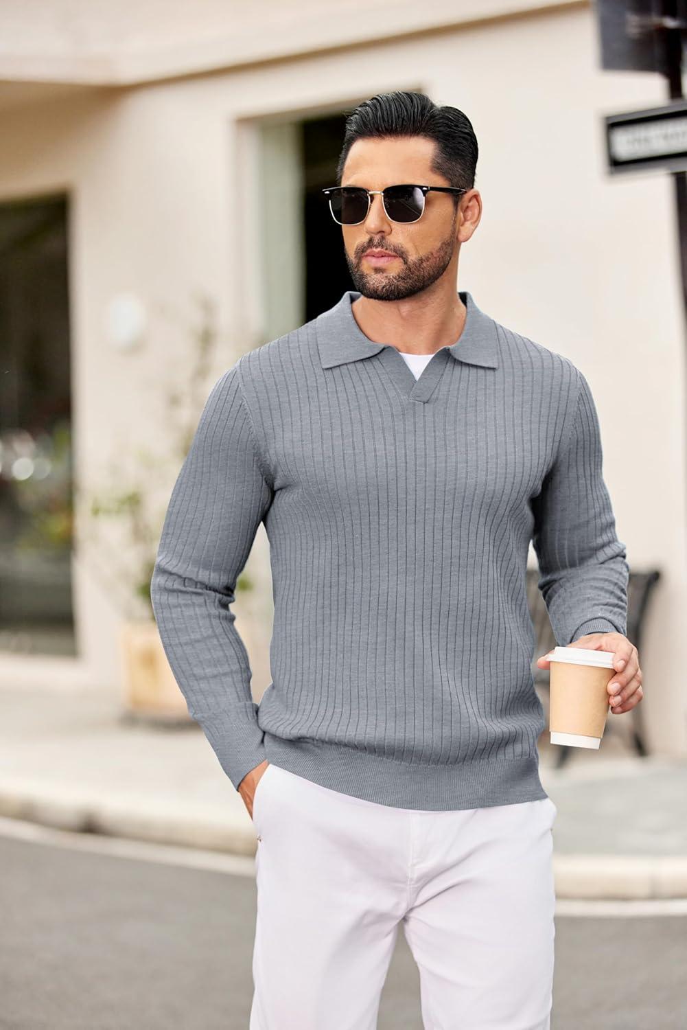 imageCOOFANDY Mens Knit Polos Long Sleeve Casual Sweater Polos V Neck Collared Sweater Golf Polo Sweaters and PulloversLight Grey
