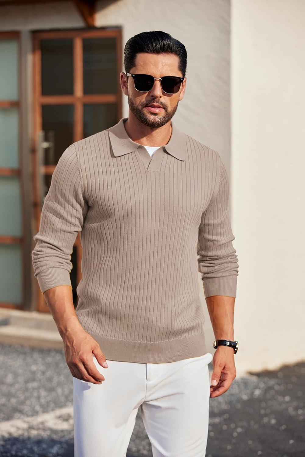 imageCOOFANDY Mens Knit Polos Long Sleeve Casual Sweater Polos V Neck Collared Sweater Golf Polo Sweaters and PulloversLight Khaki