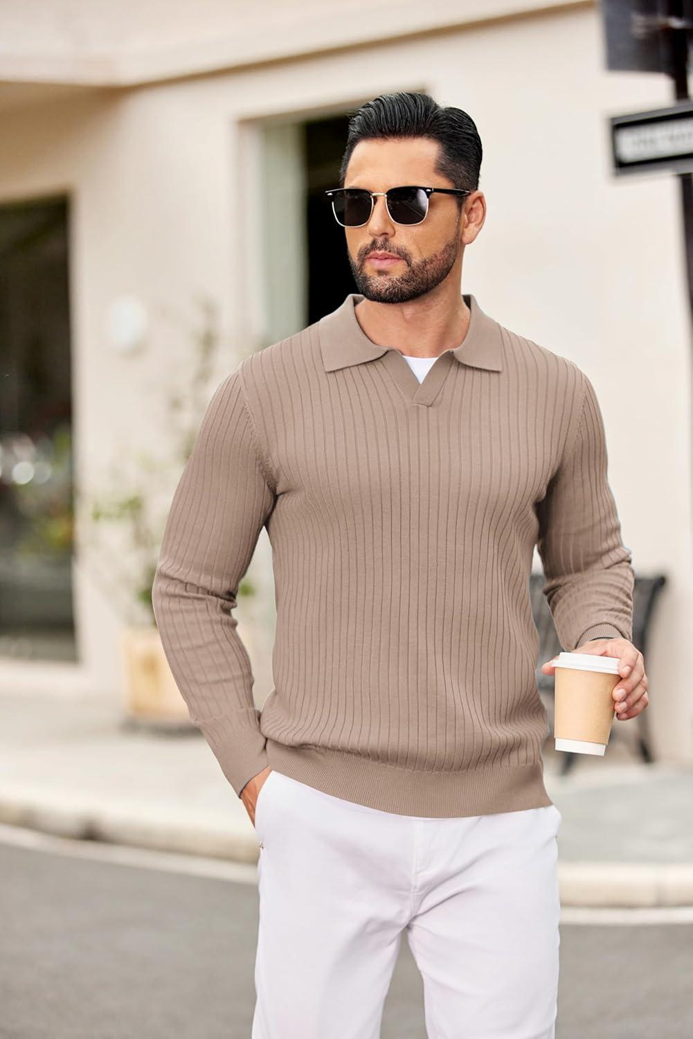 imageCOOFANDY Mens Knit Polos Long Sleeve Casual Sweater Polos V Neck Collared Sweater Golf Polo Sweaters and PulloversLight Khaki