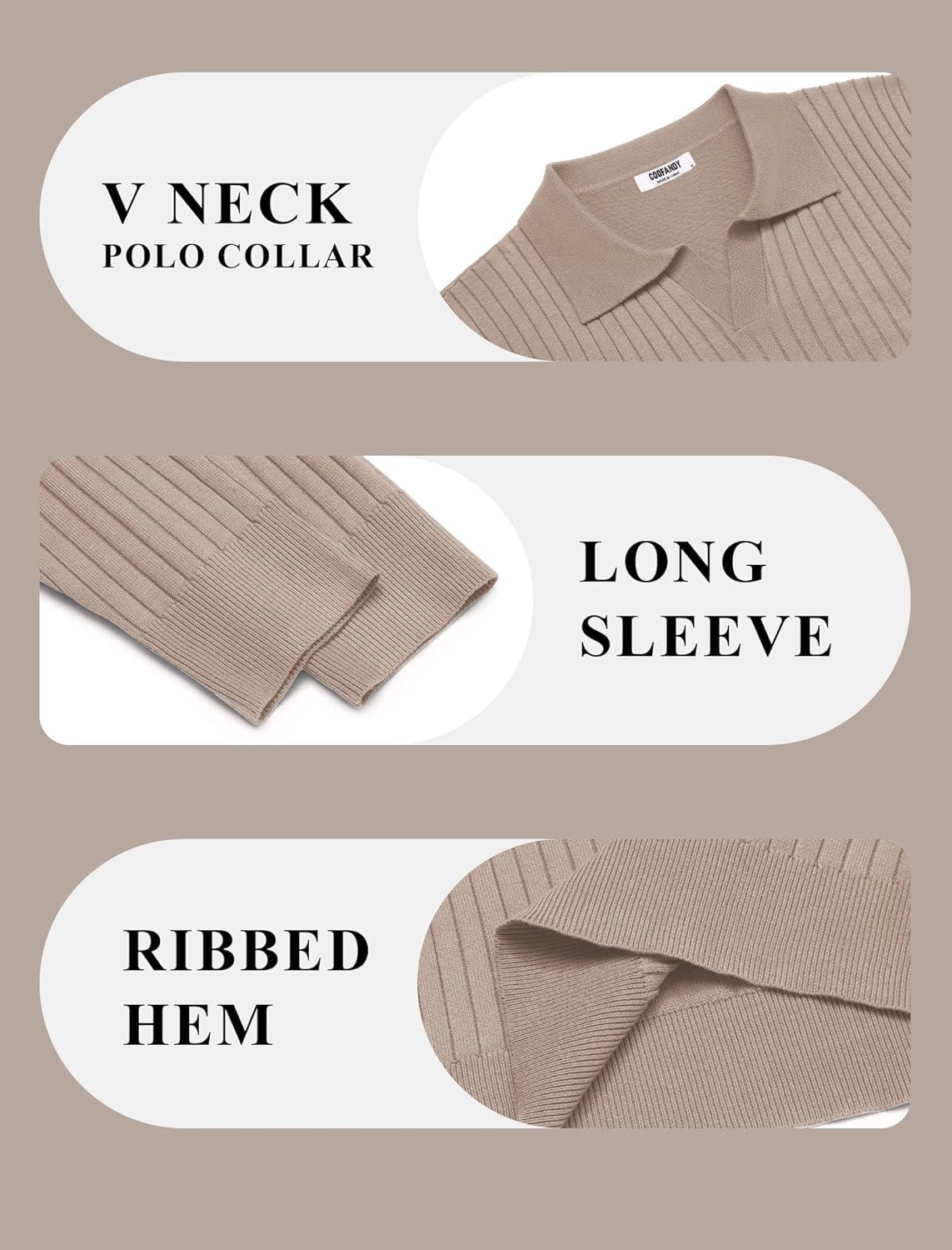 imageCOOFANDY Mens Knit Polos Long Sleeve Casual Sweater Polos V Neck Collared Sweater Golf Polo Sweaters and PulloversLight Khaki