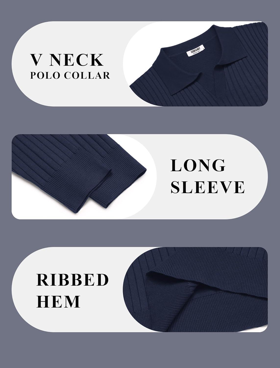 imageCOOFANDY Mens Knit Polos Long Sleeve Casual Sweater Polos V Neck Collared Sweater Golf Polo Sweaters and PulloversNavy Blue